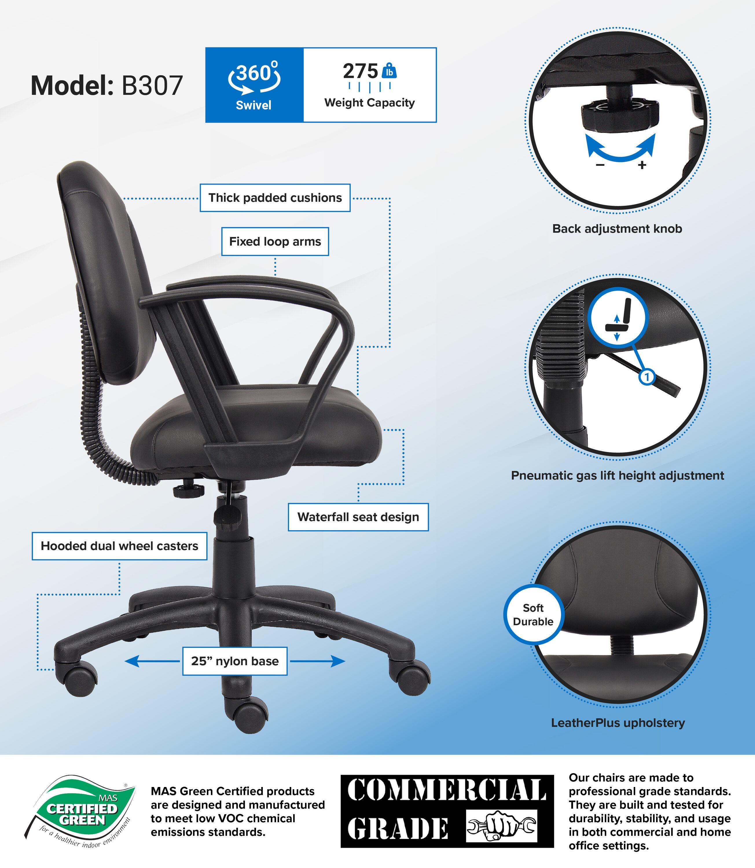 Posture Chair with Loop Arms Black - Boss Office Products: LeatherPlus, Lumbar Support, Adjustable Height