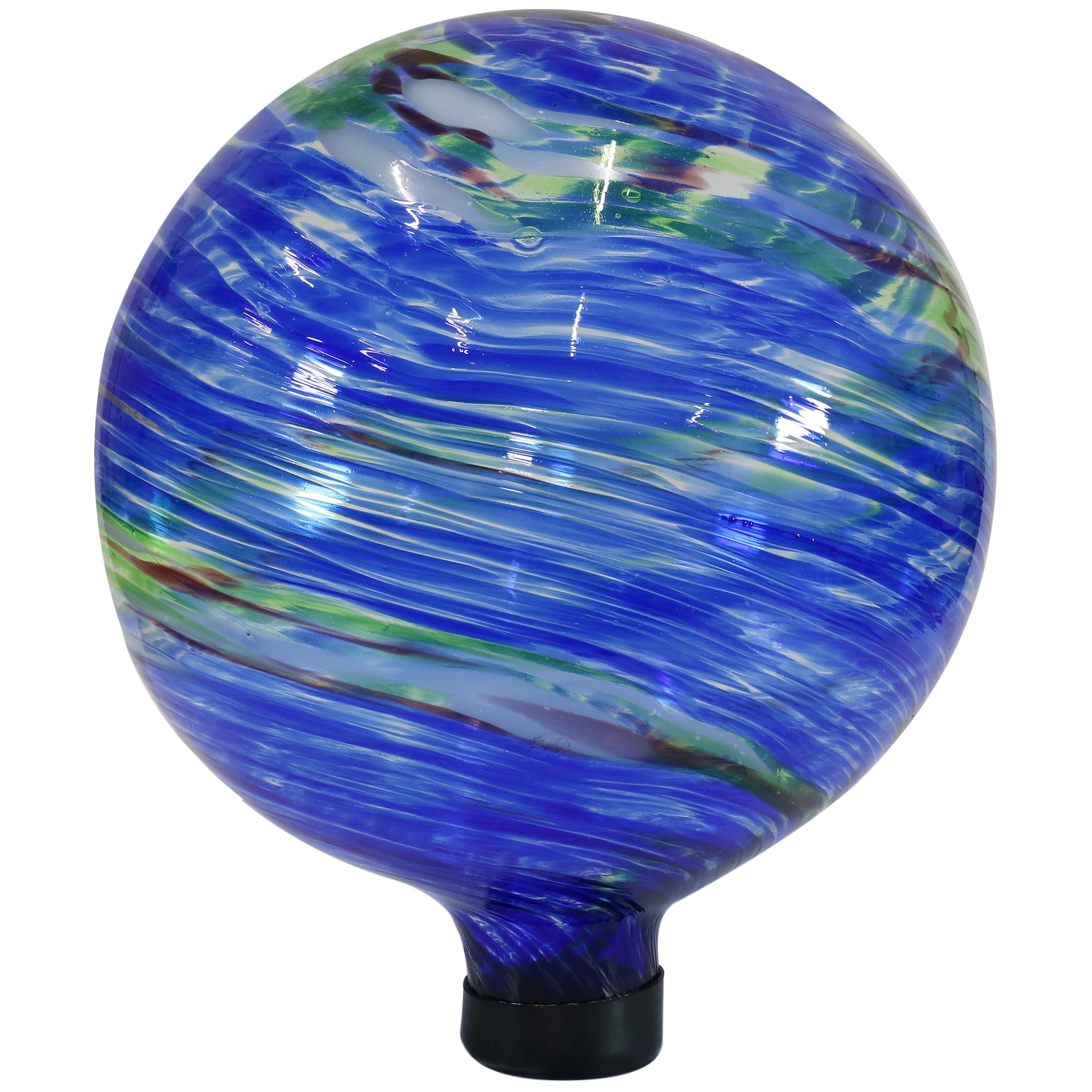 Sunnydaze Northern Lights Glass Gazing Globe with Stemmed Bottom and Rubber Cap - 10" Diameter - Blue and Green Swirl - Set of 2