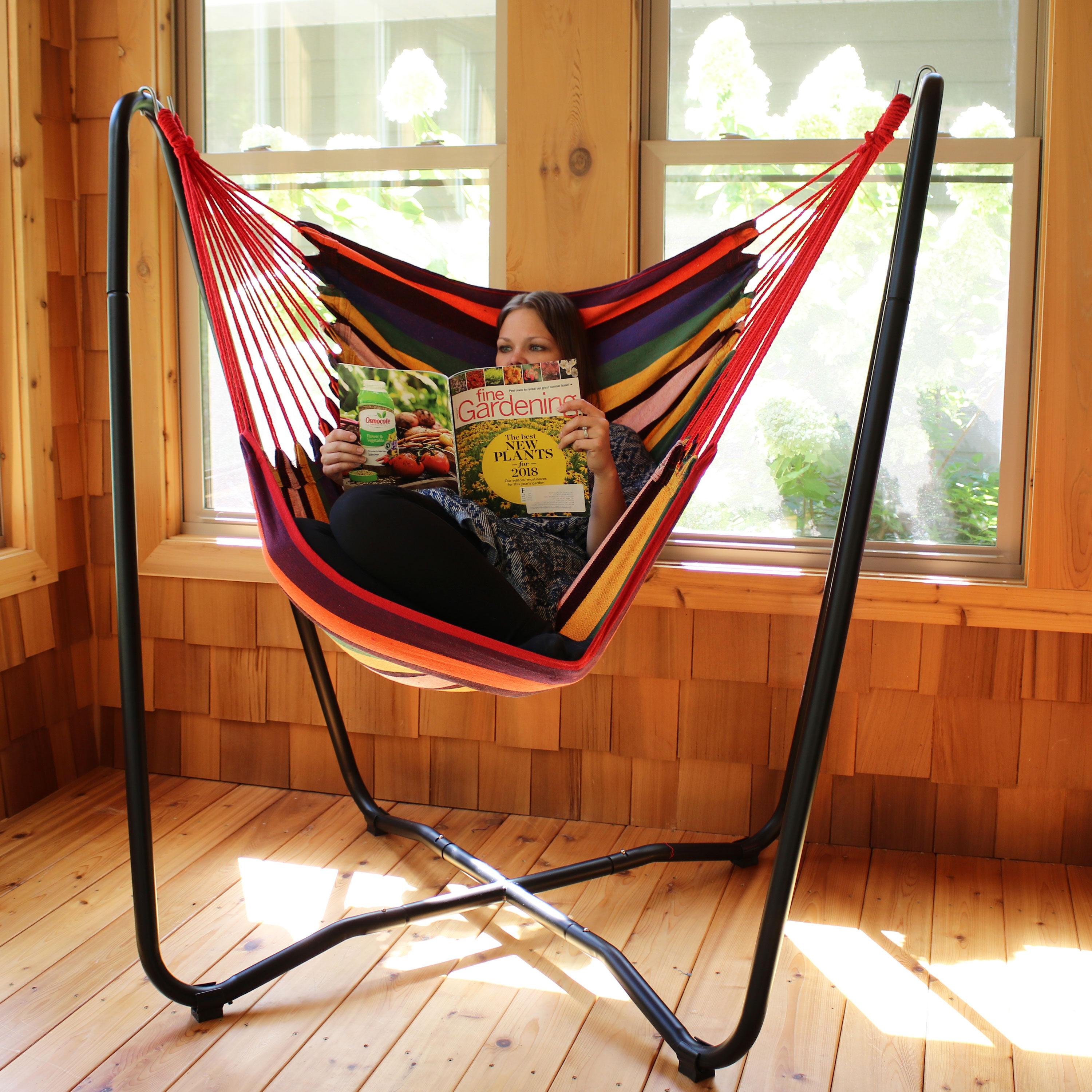 Sunnydaze Hanging Rope Hammock Chair with Space-Saving Stand - 330 lb Weight Capacity - Sunset