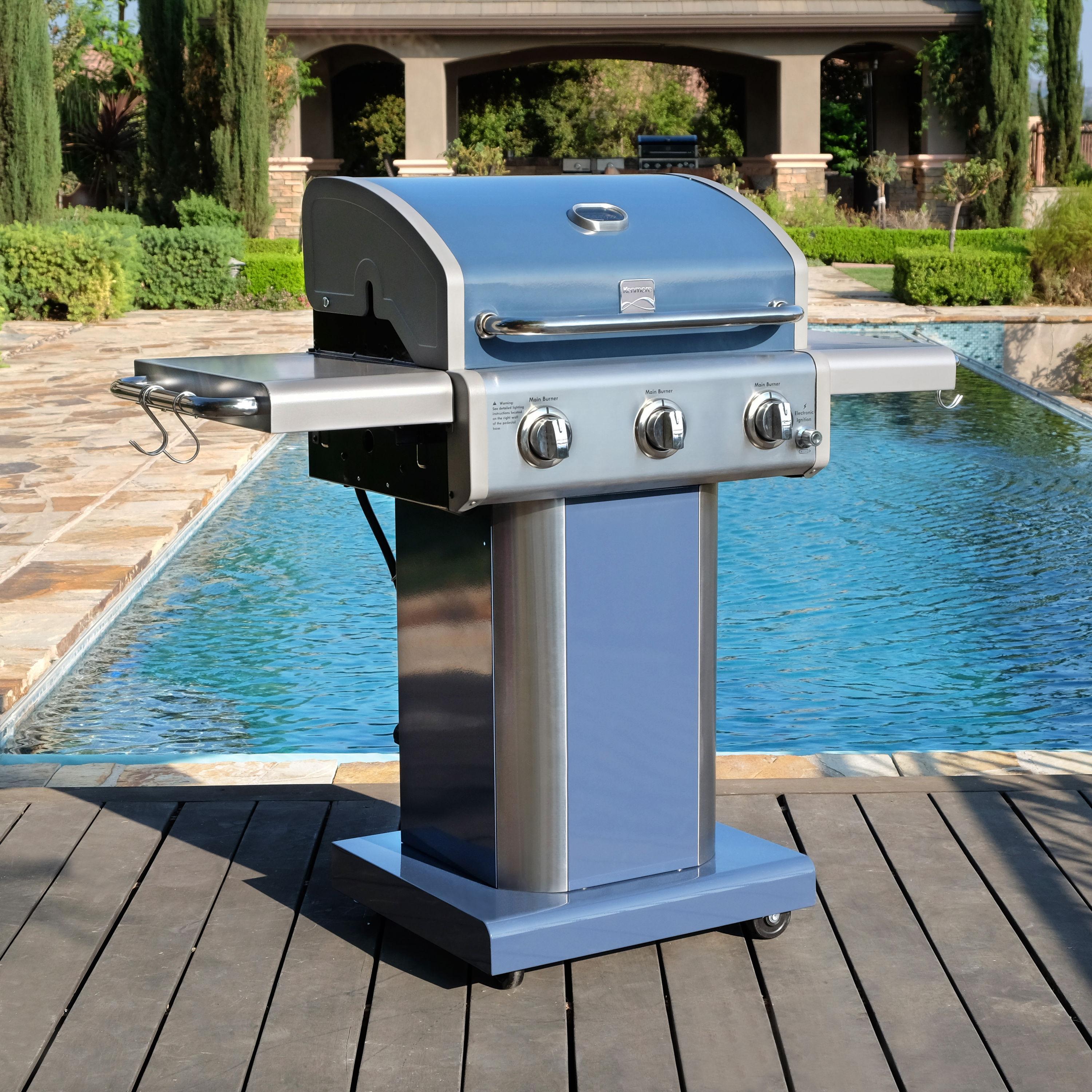 Kenmore 3-Burner Propane Gas Grill with Foldable Side Tables for Outdoor BBQ