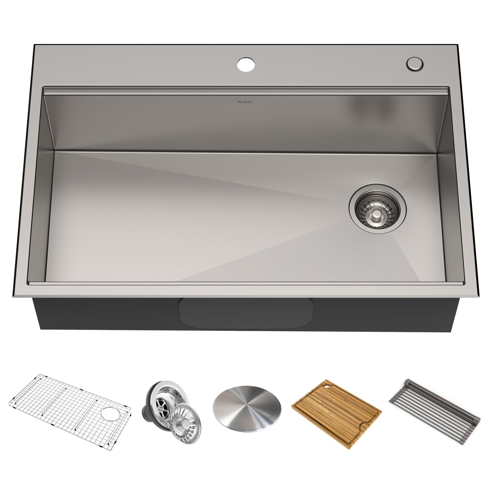KRAUS Kore™ Workstation 33" L Top Mount Drop-In 16 Gauge Black Stainless Steel Single Bowl Kitchen Sink