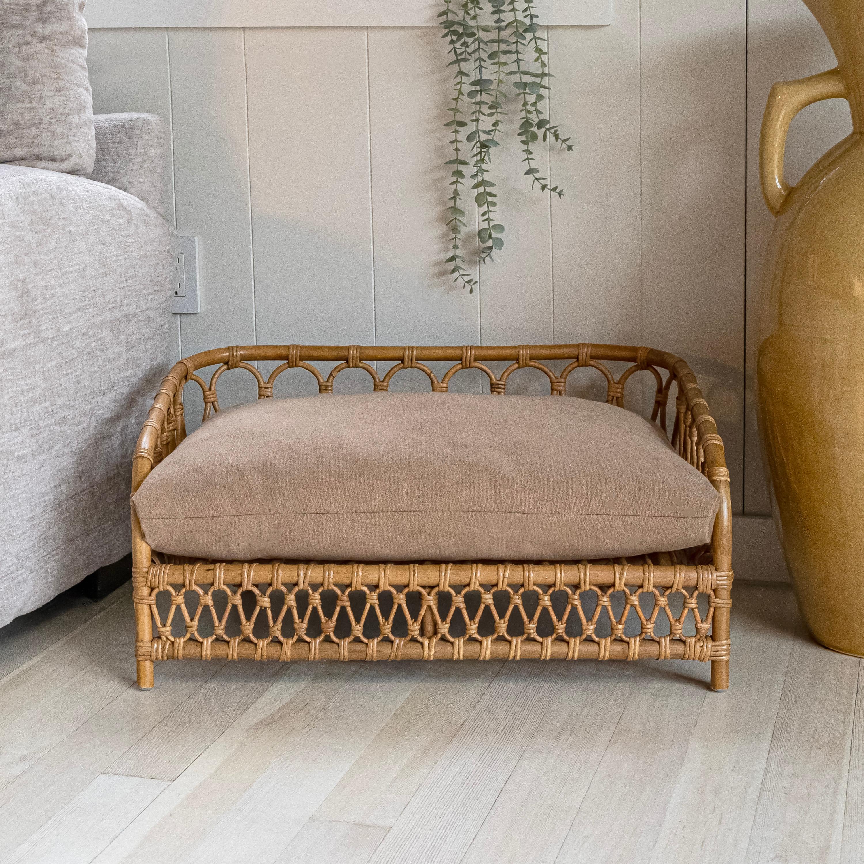 Elevated 27.5" x 17" Bohemian Handwoven Rattan Dog Daybed with Machine-Washable Cushion, Natural
