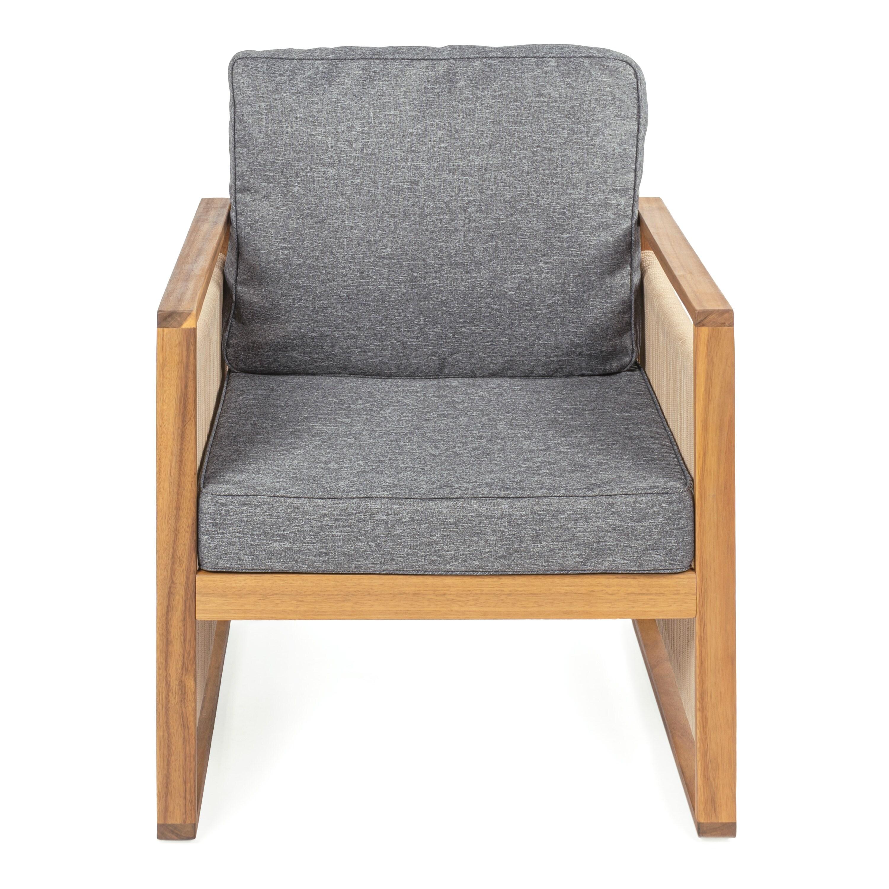 Gable Mid-Century Modern Roped Acacia Wood Outdoor Patio Chair with Cushions, Gray/Teak Brown (Set of 2) - JONATHAN Y