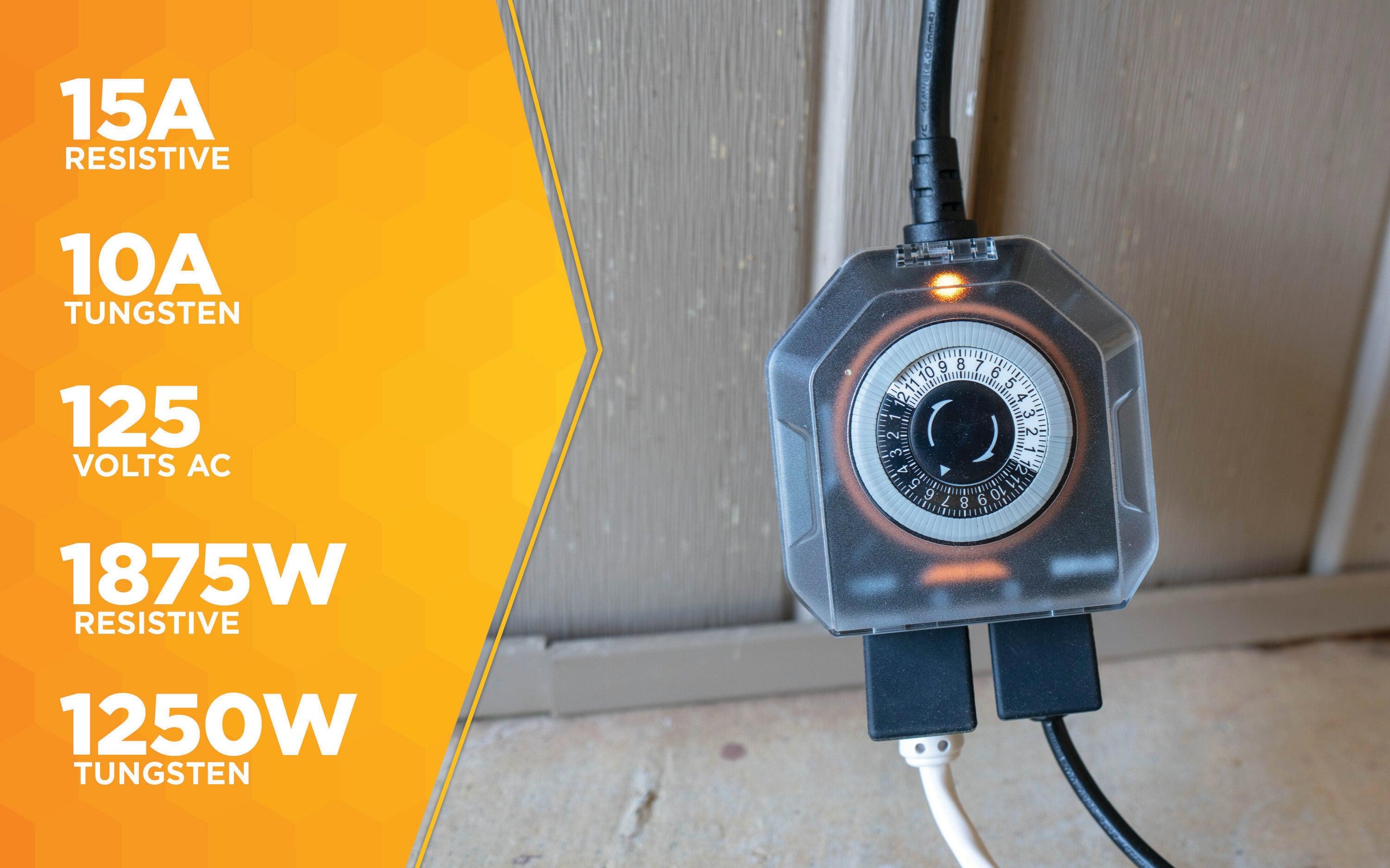 Woods 50123WD Black Outdoor 24-Hour Mechanical Timer with 2 Grounded Outlets
