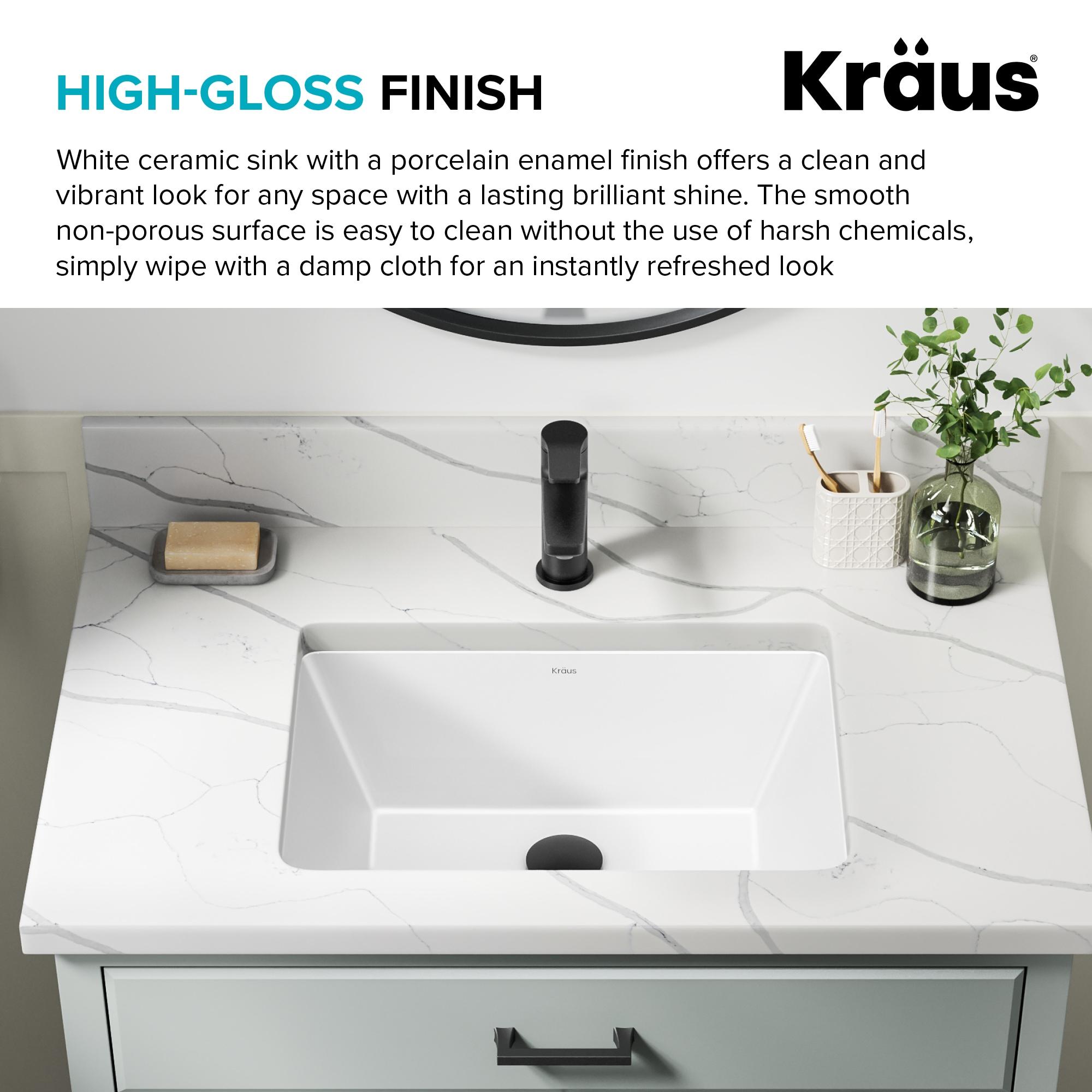 KRAUS Elavo. Rectangular Porcelain Ceramic Undermount Bathroom Sink In White With Overflow Drain, KCU-244