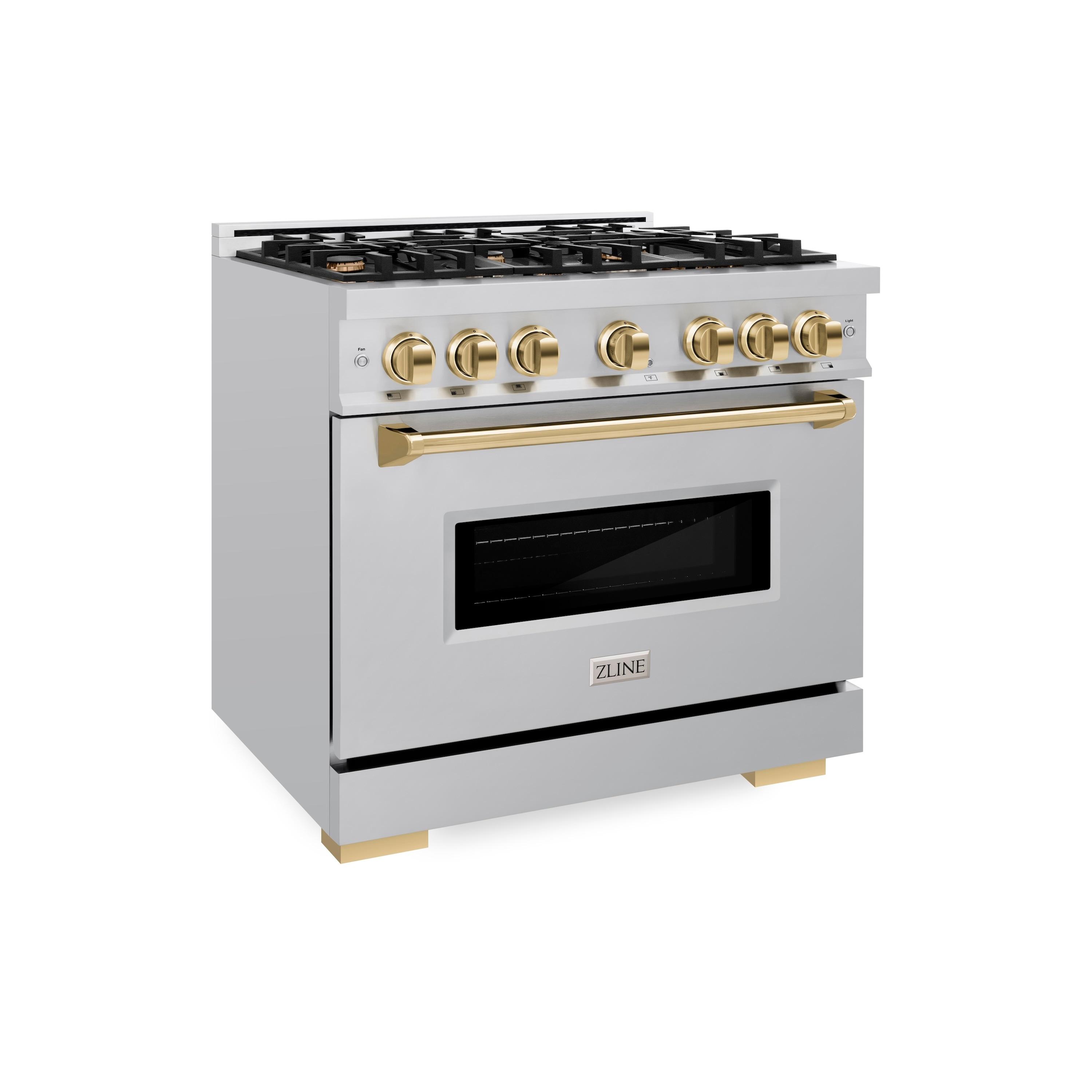 ZLINE CGRZ-36-G ZLINE Autograph Edition 36 in. 5.2 cu. ft. Classic Gas Range W/ 6 Burner Cooktop & Convection Gas Oven in Stainless Steel & Champagne Bronze Accents (CGRZ-36-CB)