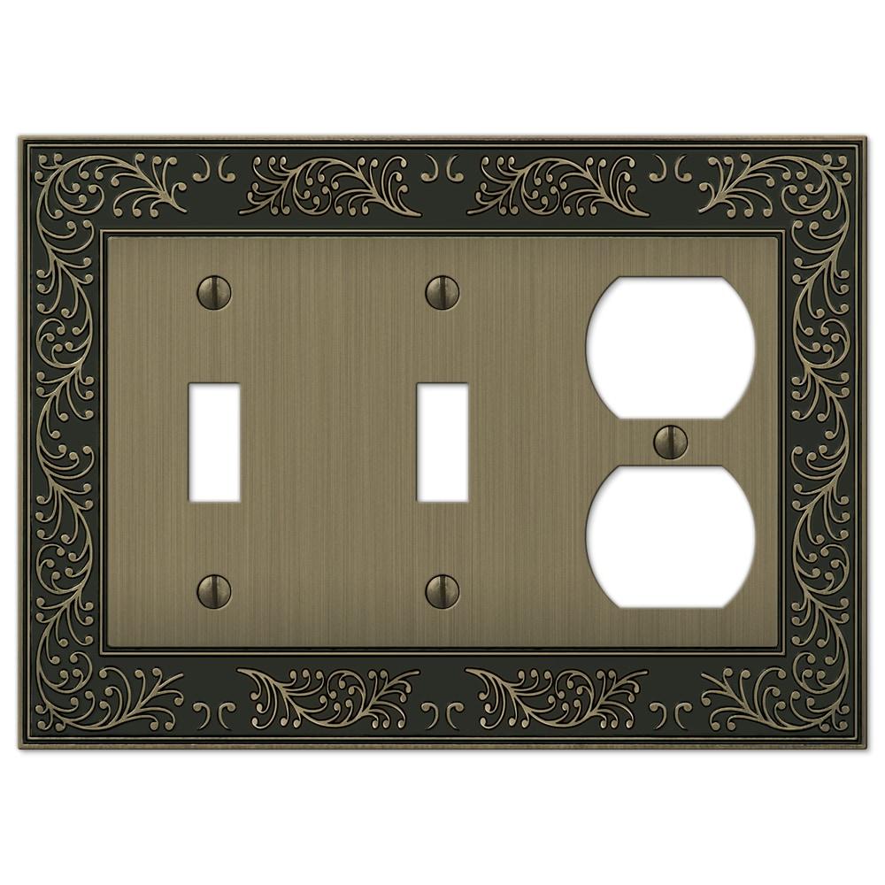 Amerelle 43TTDBB English Garden Wallplate, 2 Toggle / 1 Duplex, Cast Metal, Brushed Brass, 1-Pack