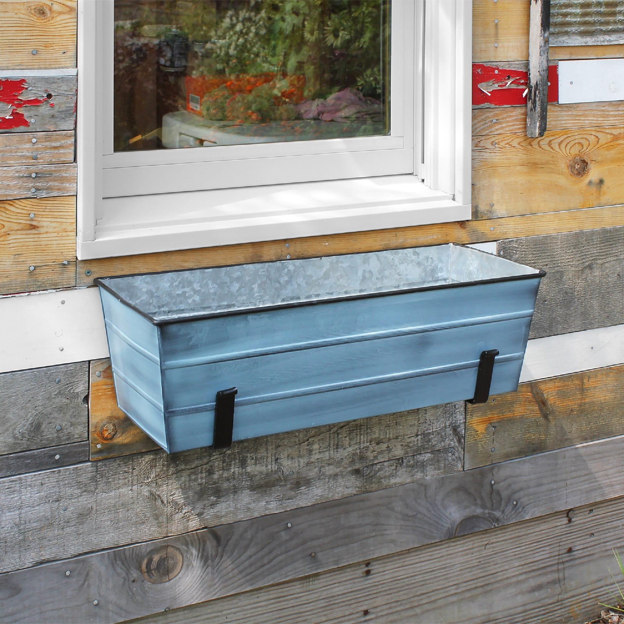 ACHLA Designs 24" Wide Galvanized With Wall Brackets Rectangular Steel Planter Boxes Blue: Outdoor, No Assembly Required