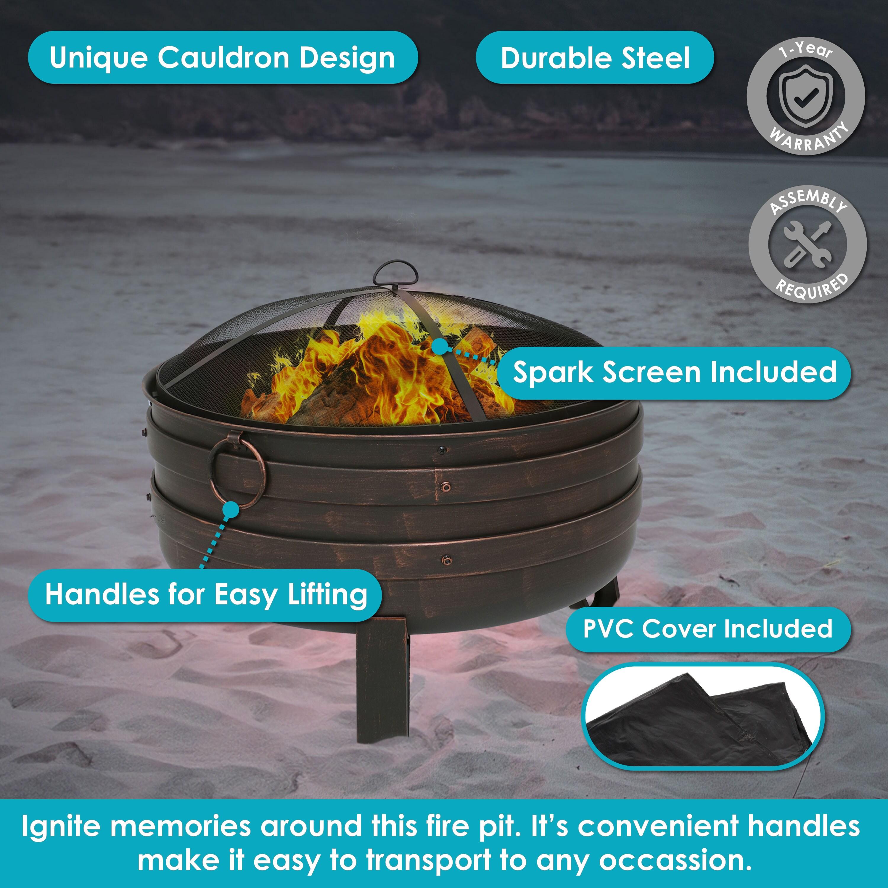 Sunnydaze Heavy-Duty Steel Cauldron Fire Pit with Spark Screen and PVC Protective Cover - 28.5-Inch Round - Brushed Bronze