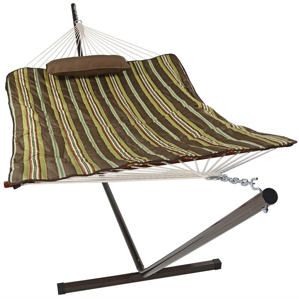 Sunnydaze Cotton Rope Hammock with Spreader Bar with Portable Freestanding Steel Stand and Pad and Pillow Set - 12' Stand - Desert Stripe