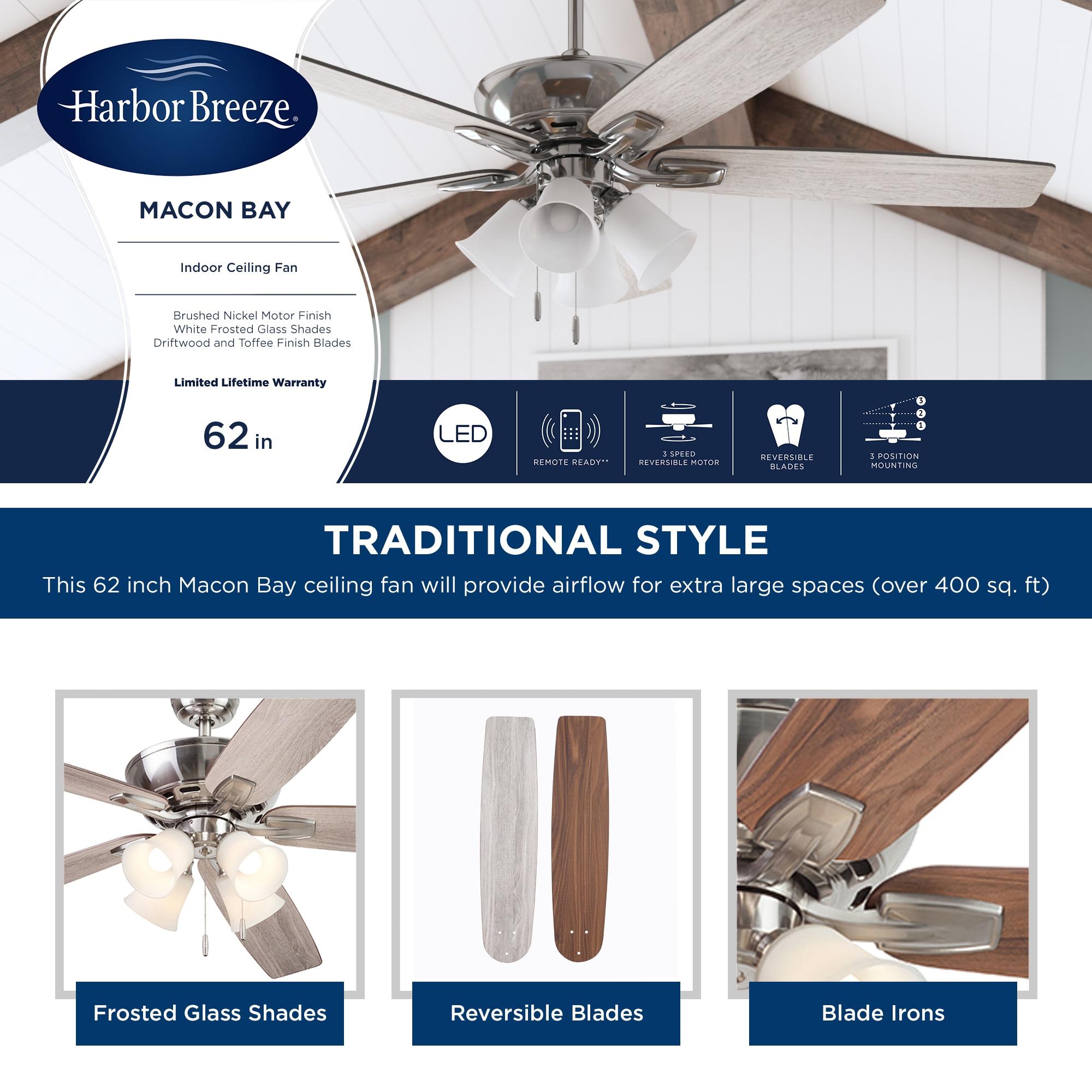 Harbor Breeze Macon Bay 62-Inches Brushed Nickel with Driftwood/Toffee Blades Indoor Downrod mount Standard Ceiling Fan With Light ( 5 -Blade)
