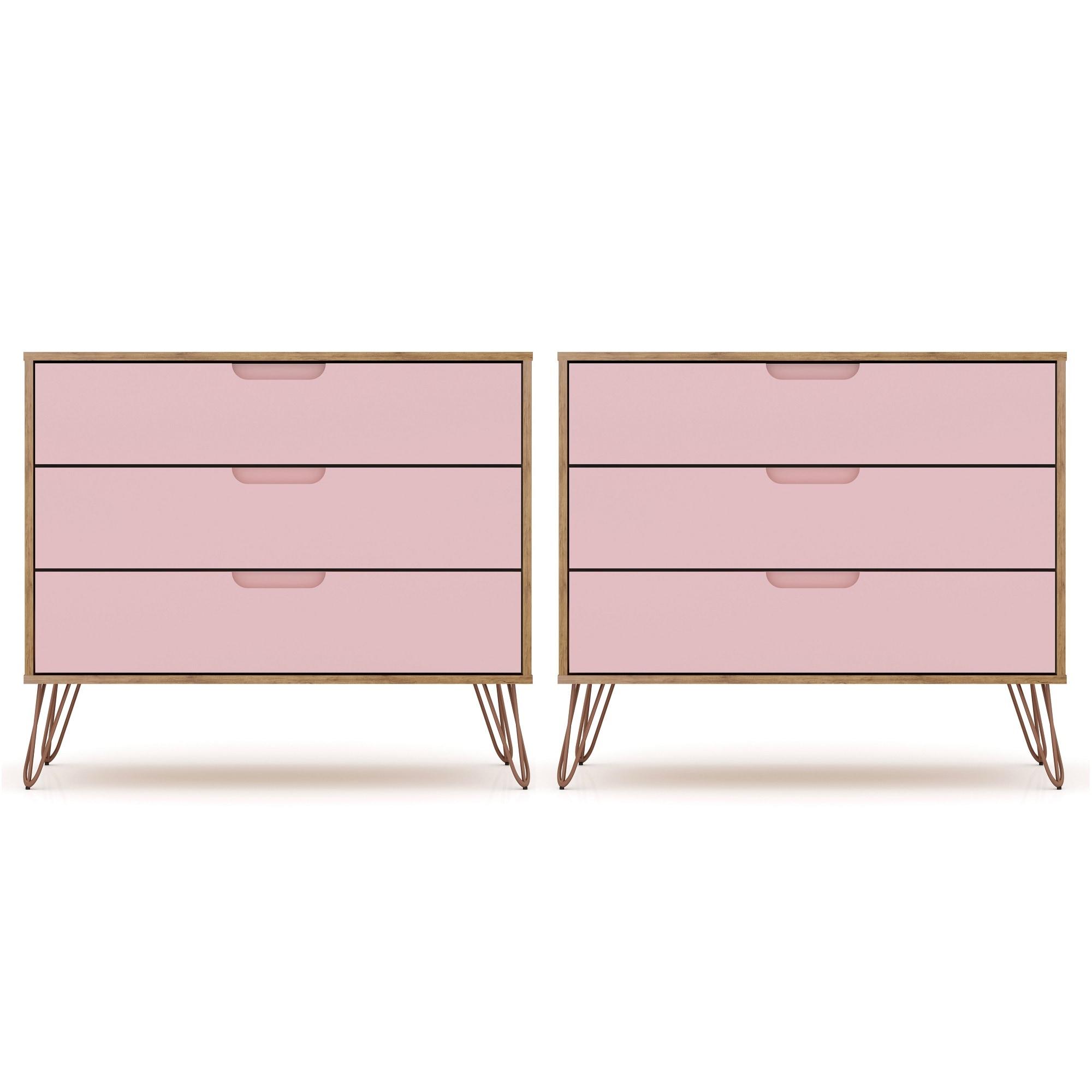 Set of 2 Rockefeller 3 Drawer Dresser Nature/Rose Pink - Manhattan Comfort: MDF Bedroom Storage, Easy-Glide, 6 Drawers