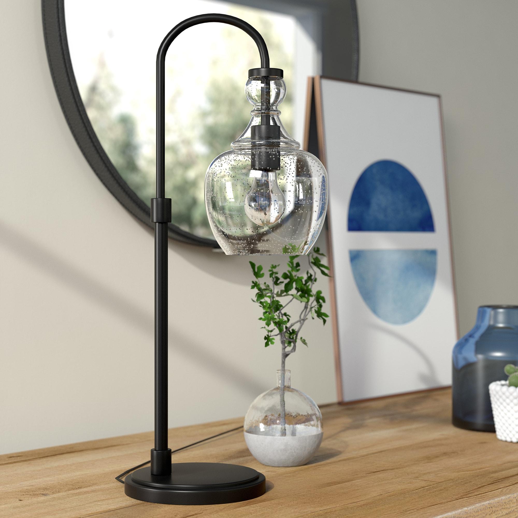 Verona 27" Black Bronze Arc Table Lamp with Seeded Glass Shade