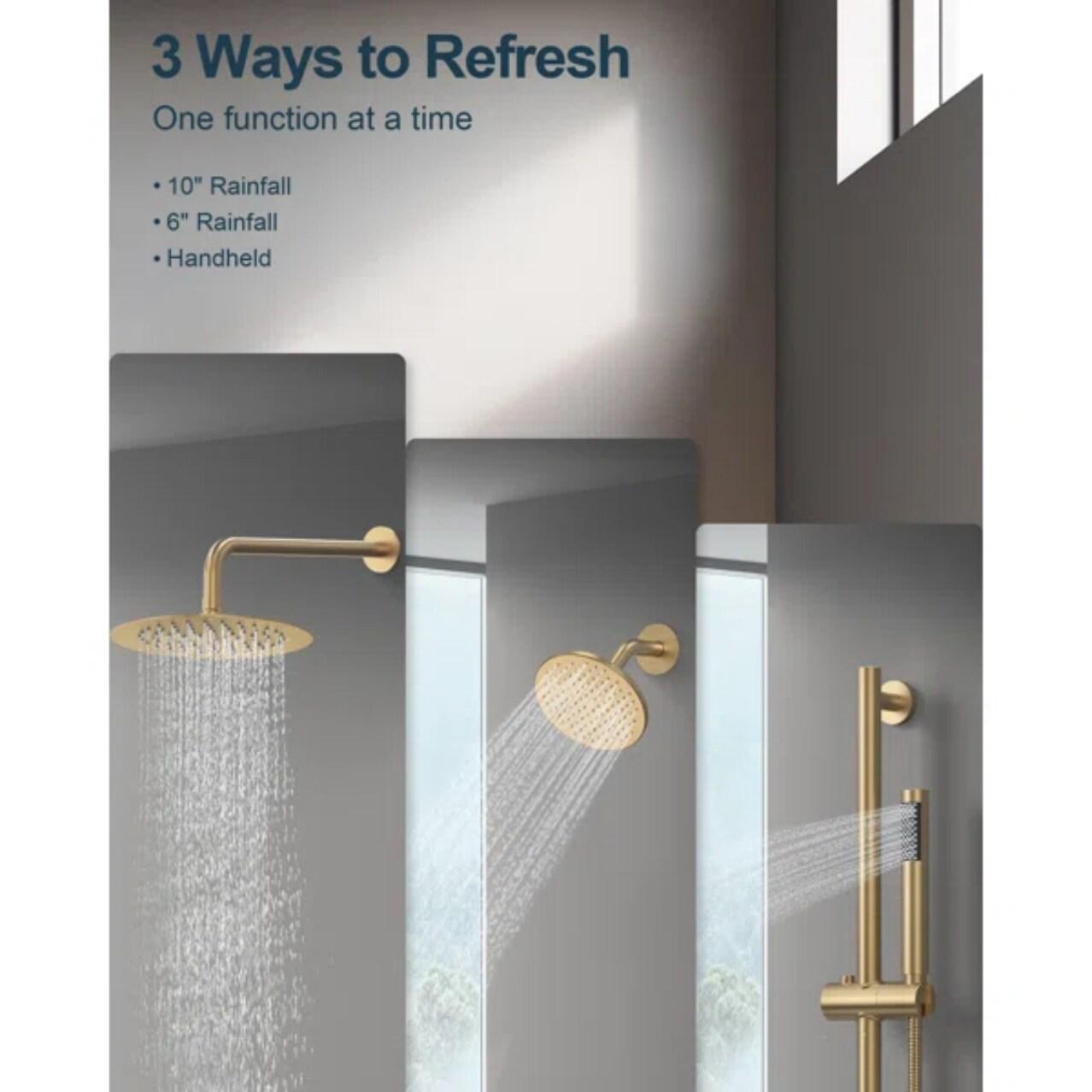 GRANDJOY Complete Shower System, 10" and 6" Dual Wall Mount Rain Shower Faucets with Handheld Shower Spray, High Pressure in Brushed Gold