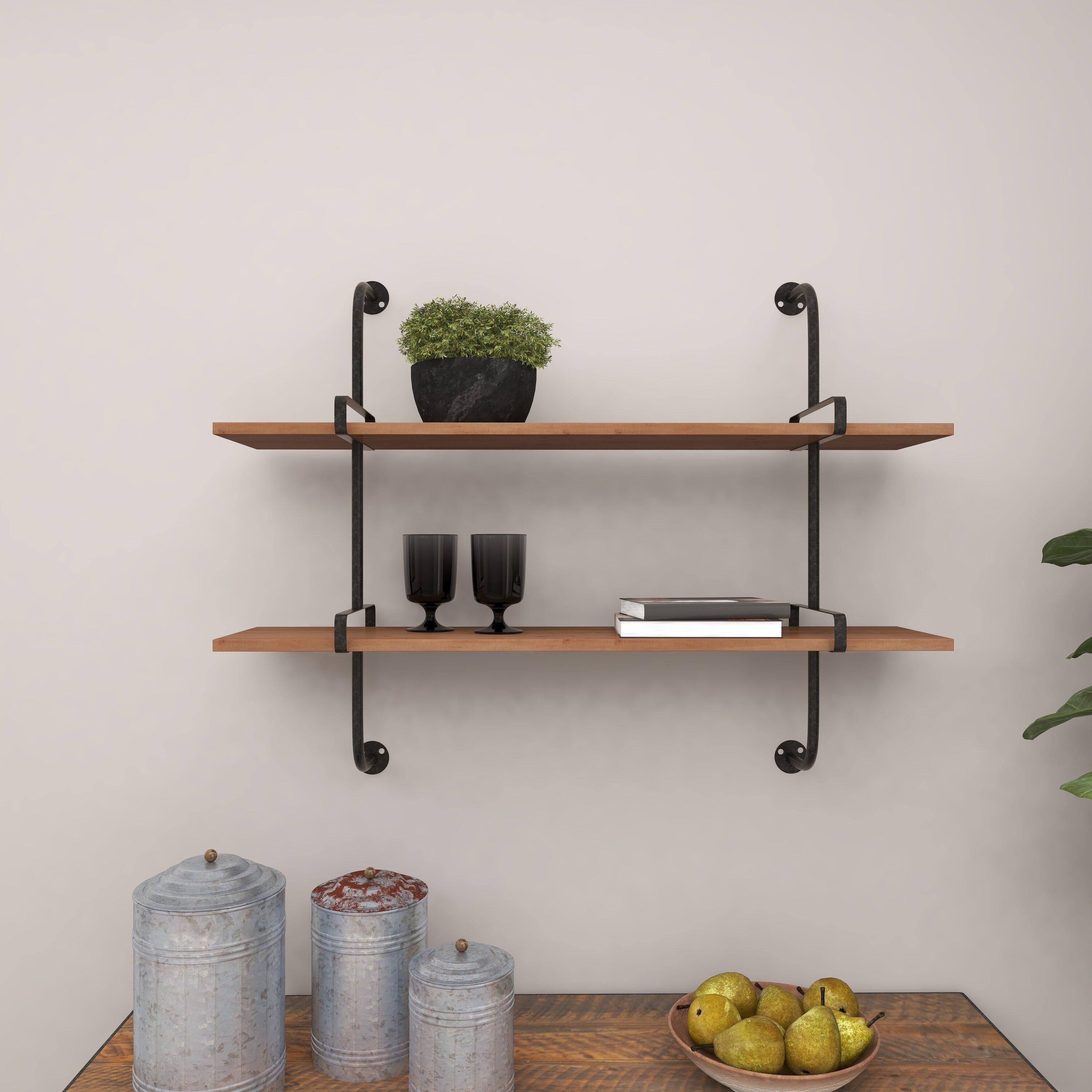 Brown Iron and Fir Wood 2-Tier Wall Shelf, 37" x 29"