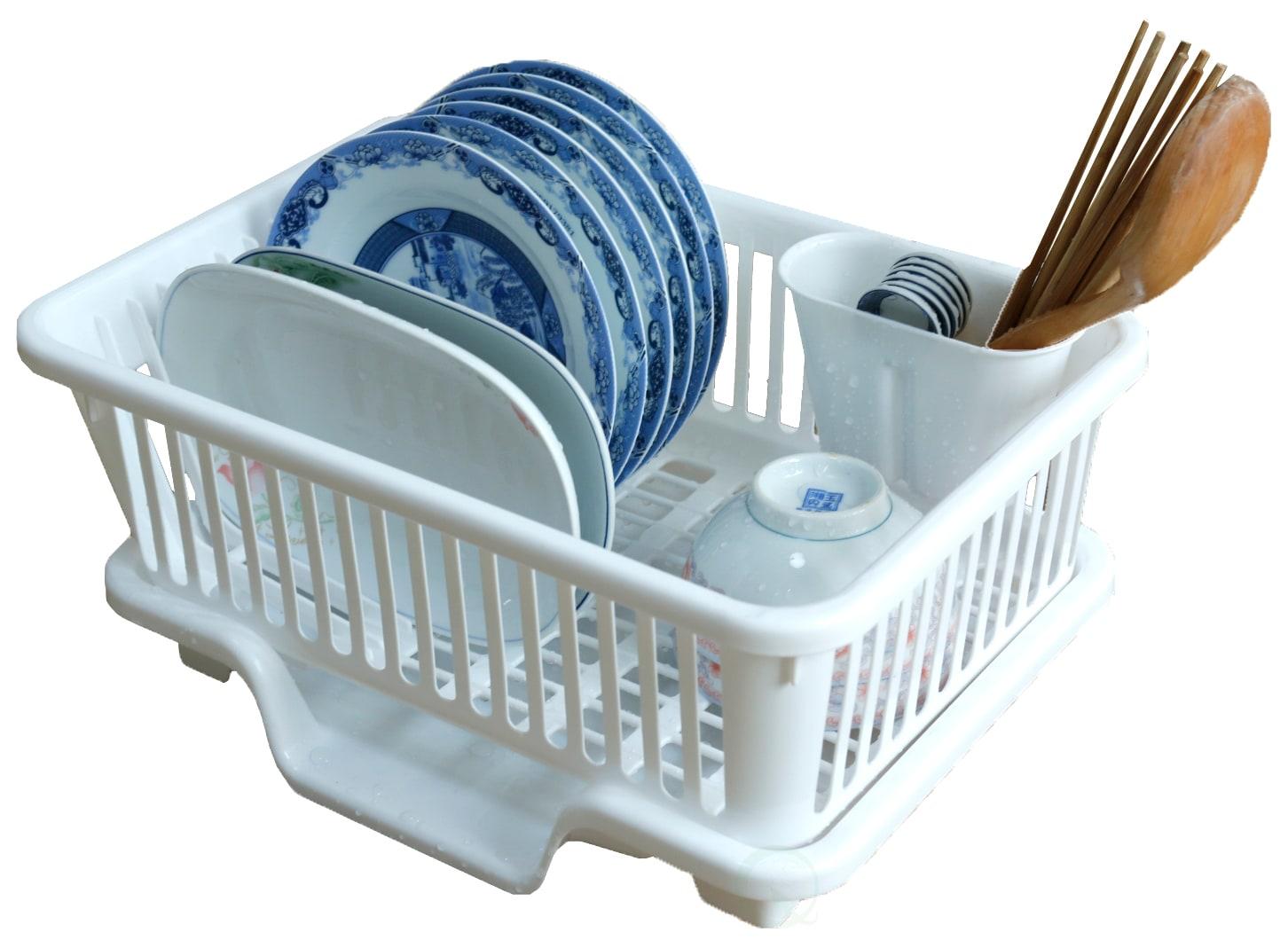 Basicwise Heavy Duty 2-Piece Plastic Dish Drying Rack Set in White - Includes Large Dish Drainer, Attached Drainboard, and Utensil Cup Holders for Home Kitchen Countertop Organization