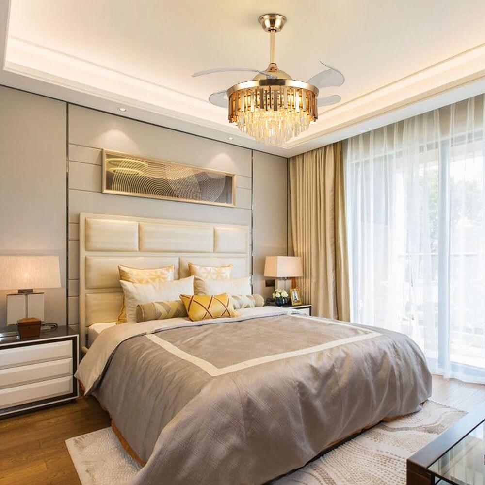 42 in. Integrated LED Indoor Gold Luxury Automatic Retractable Crystal Ceiling Fan with Remote