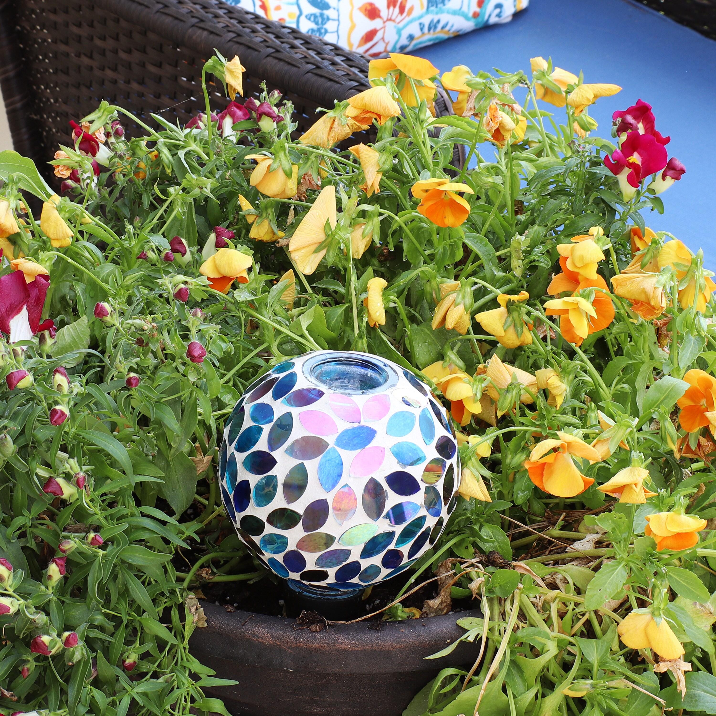 Sunnydaze Outdoor Mosaic Glass Watering Globe with Clay Spike for Planters - 9.5" - Spring Petals