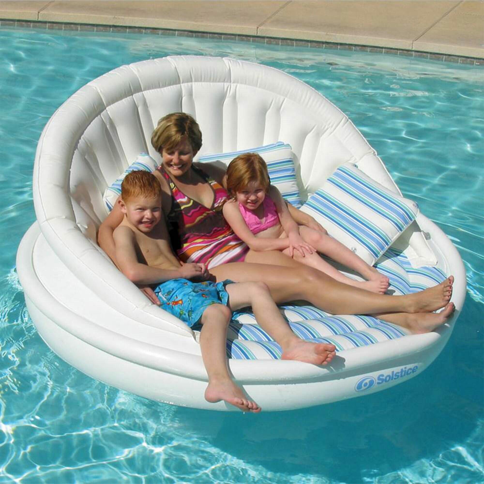 Swimline Solstice Aqua Sofa 2 to 3 Person Inflatable Pool Lounger Couch Float Raft w/Instaflate System & Throw Pillows for Kids & Adults, Blue/White