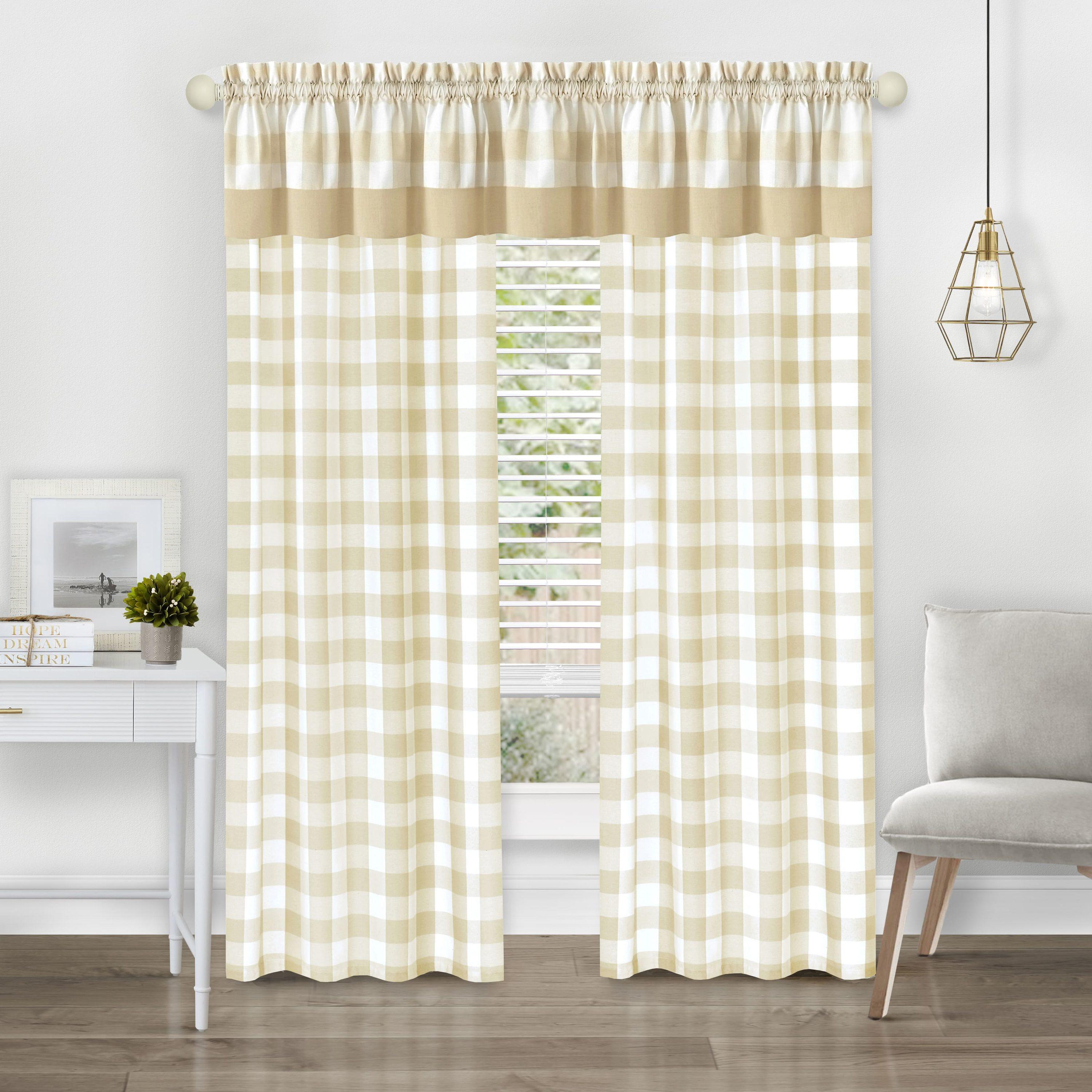 Achim Hunter Indoor Polyester/Cotton Light Filtering Checkered Curtain Panel, Tan, 42-in W x 63-in L