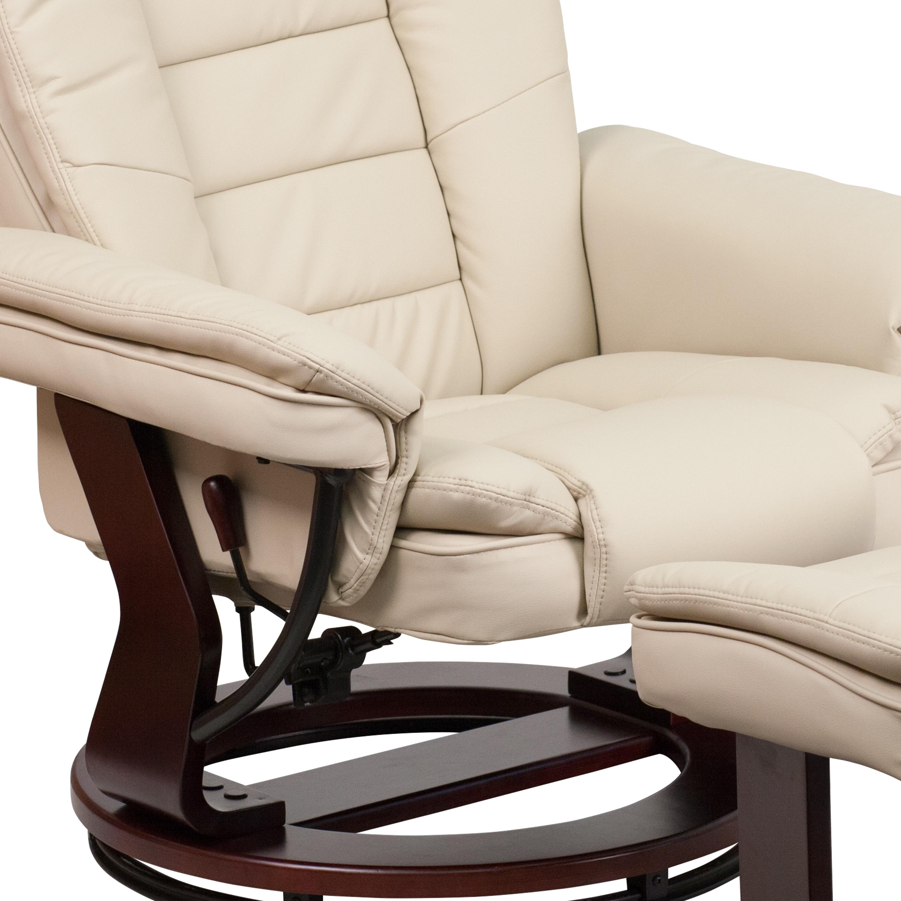 Flash Furniture Bali Contemporary Multi-Position Recliner with Horizontal Stitching and Ottoman with Swivel Mahogany Wood Base in Beige LeatherSoft