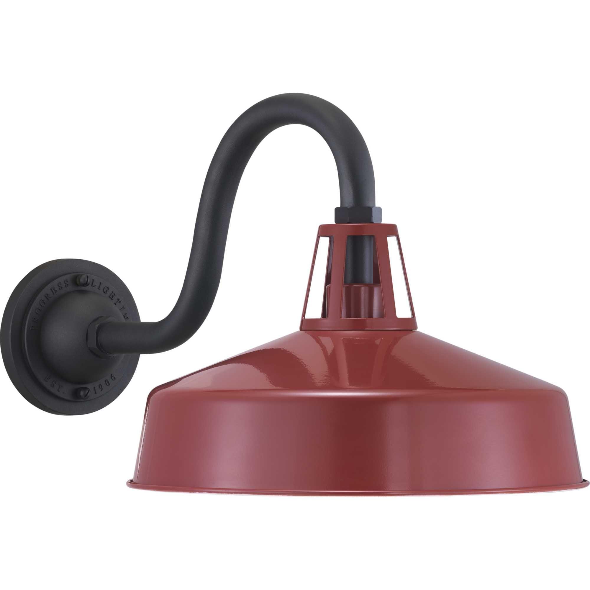 Progress Lighting Cedar Springs 1-Light Outdoor Wall Lantern in Red Aluminum with Black Gooseneck Arm and White Shade