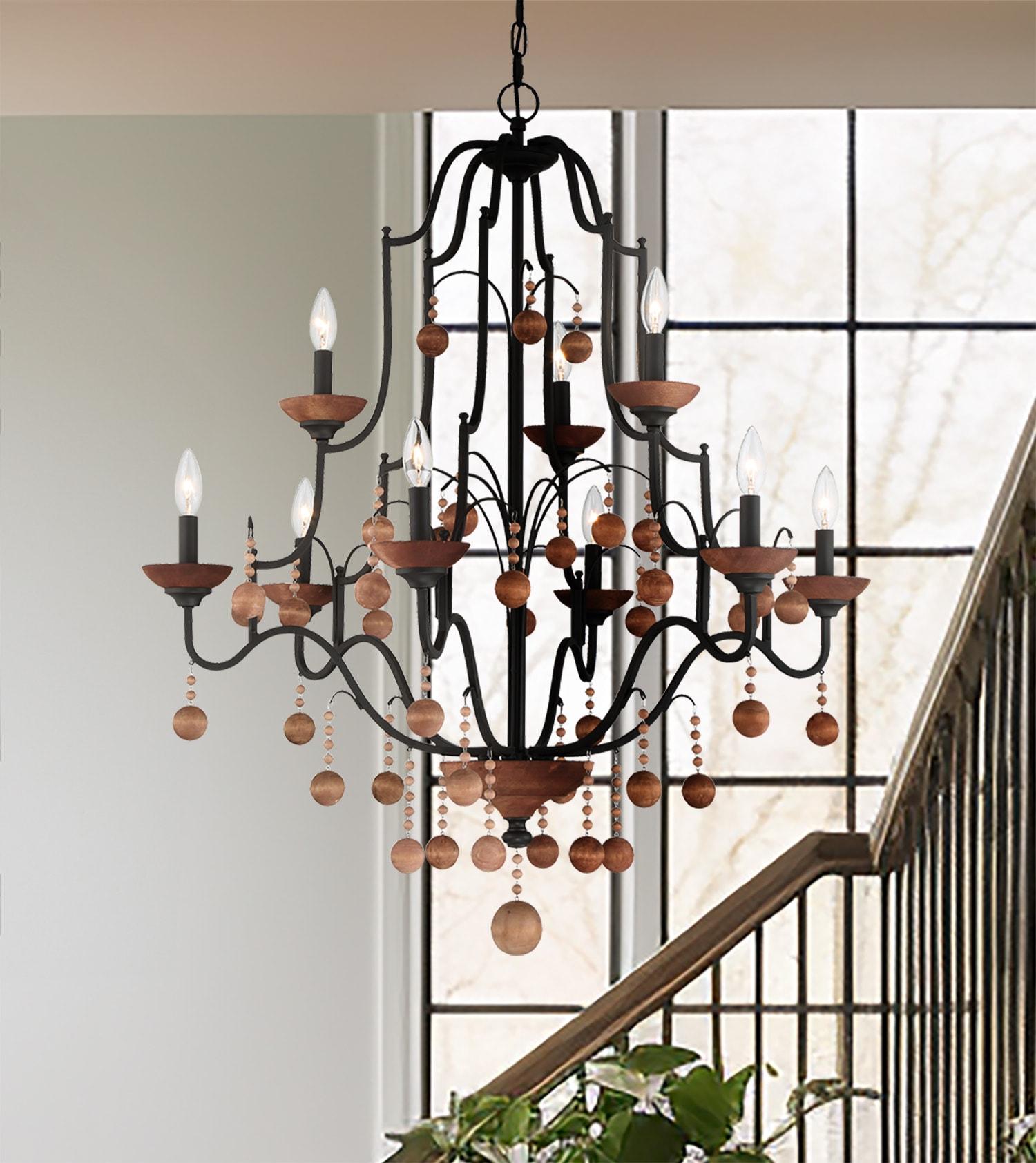 Old World Bronze and Walnut 9-Light Candle Chandelier