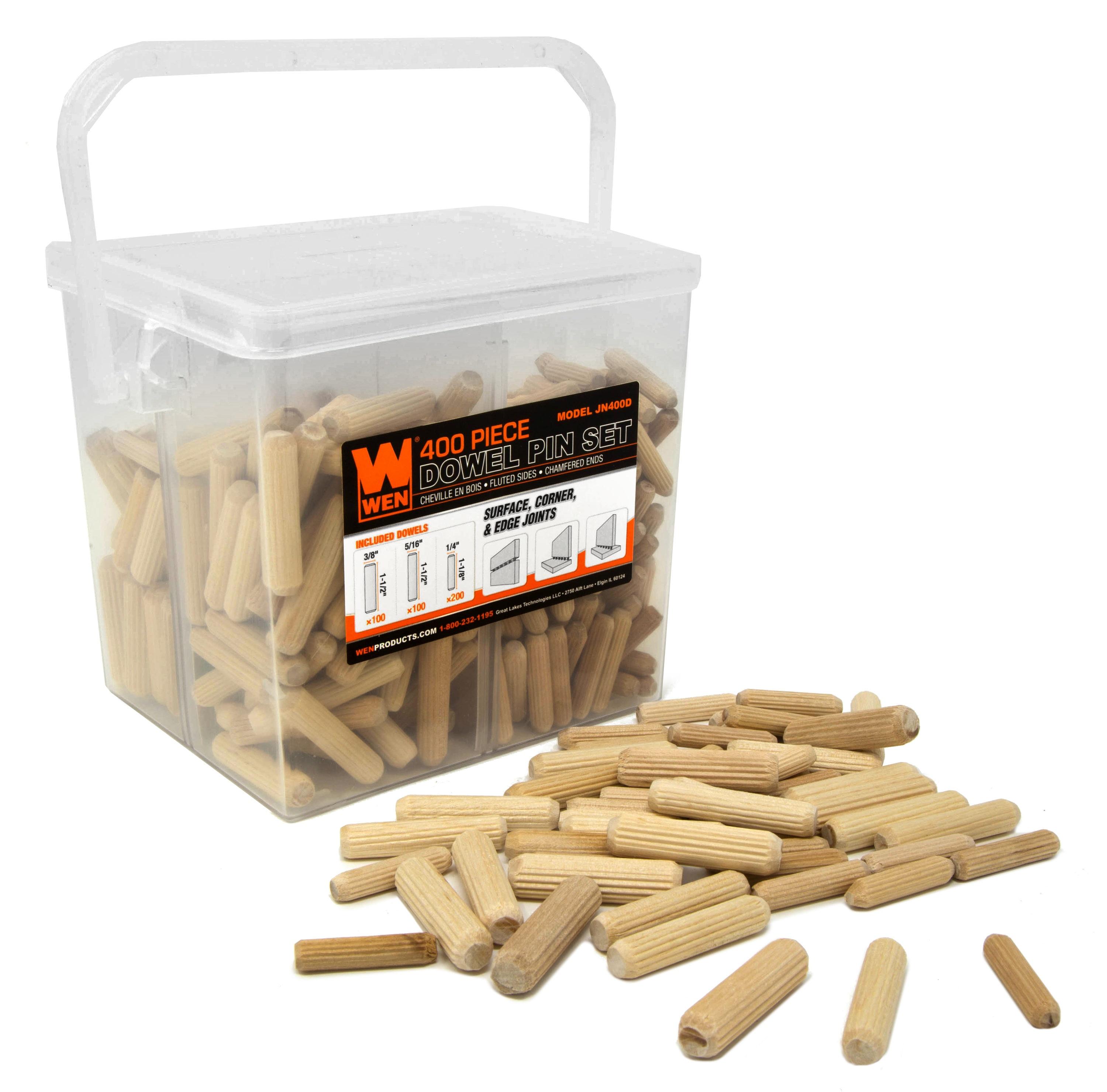 400-Piece Fluted Birch Wood Dowel Pin Set in Variety Sizes