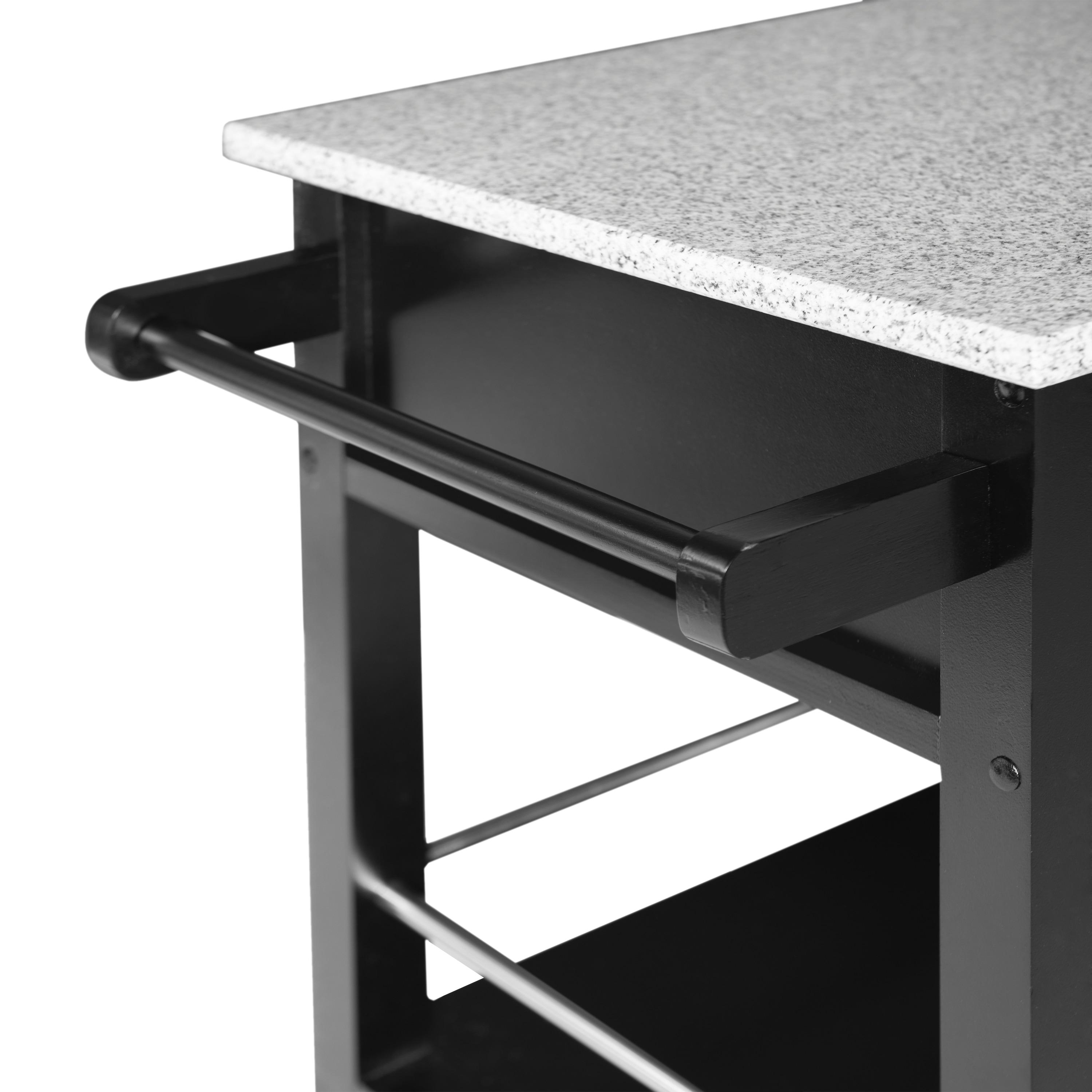 Mitchell Black Wood Granite Top Kitchen Cart: Storage, Towel Bar, Locking Casters - Linon