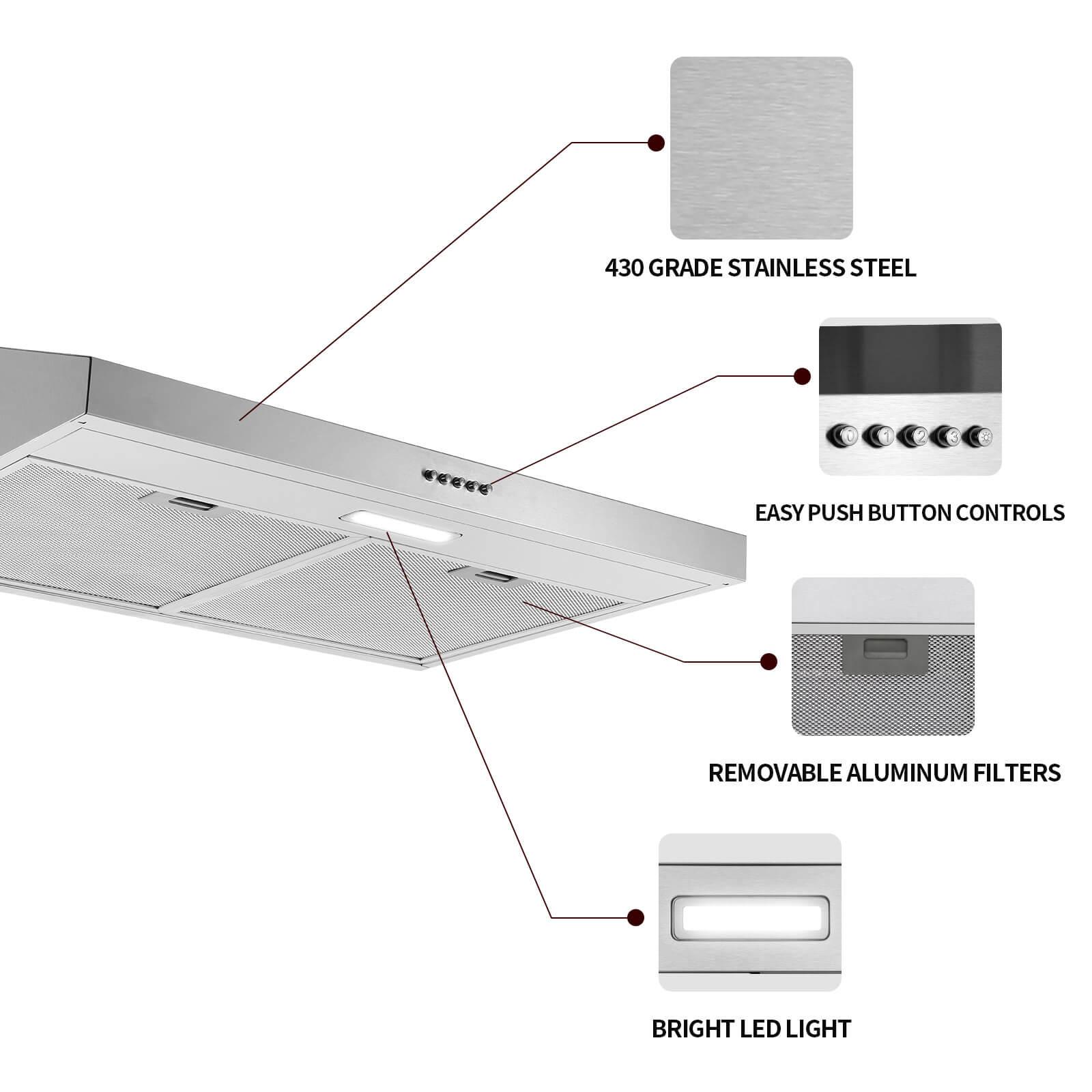 SNDOAS 30" Stainless Steel 250 CFM Convertible Under Cabinet Range Hood