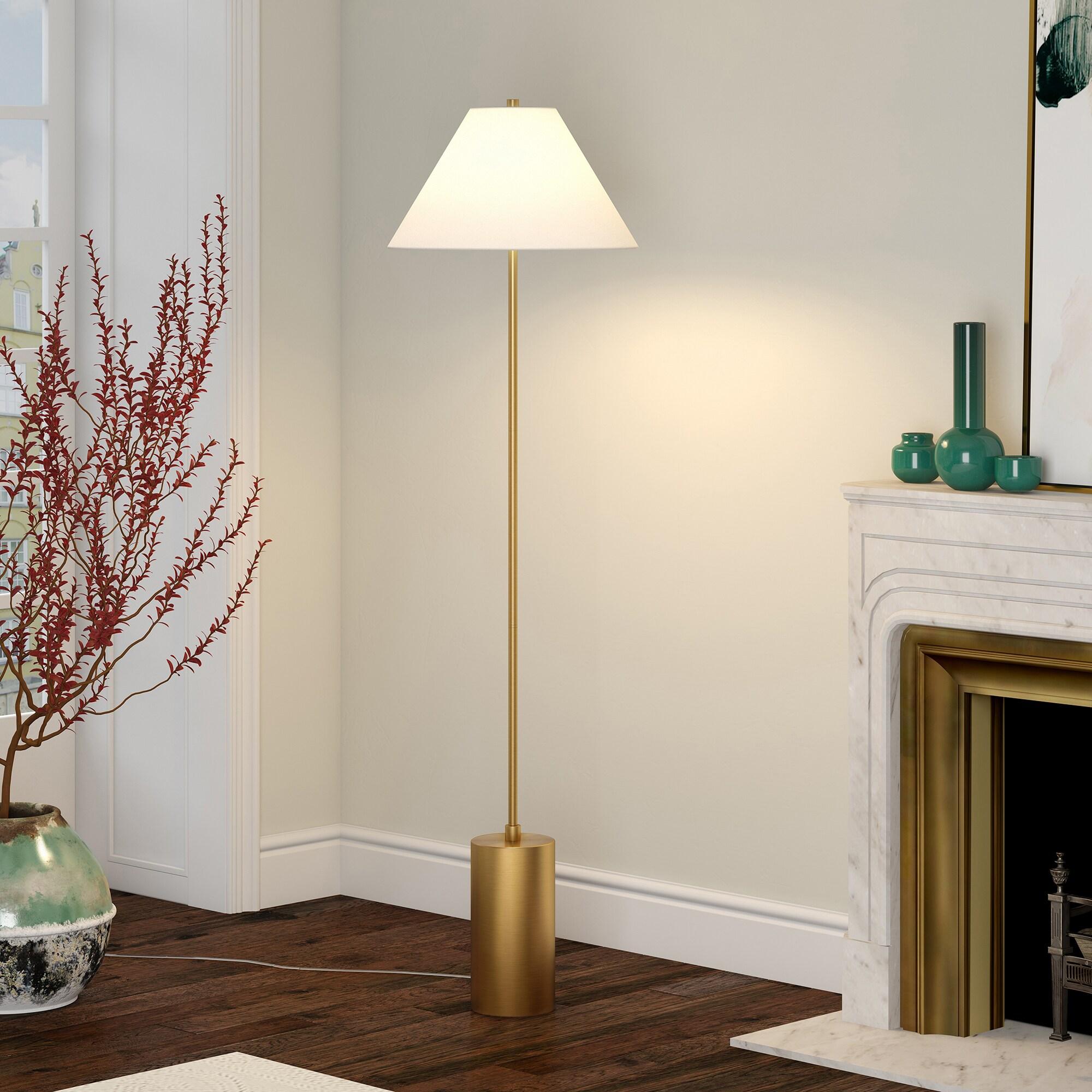 Evelyn&Zoe Somerset 64" Tall Floor Lamp with Empire Fabric Shade, Brass/White