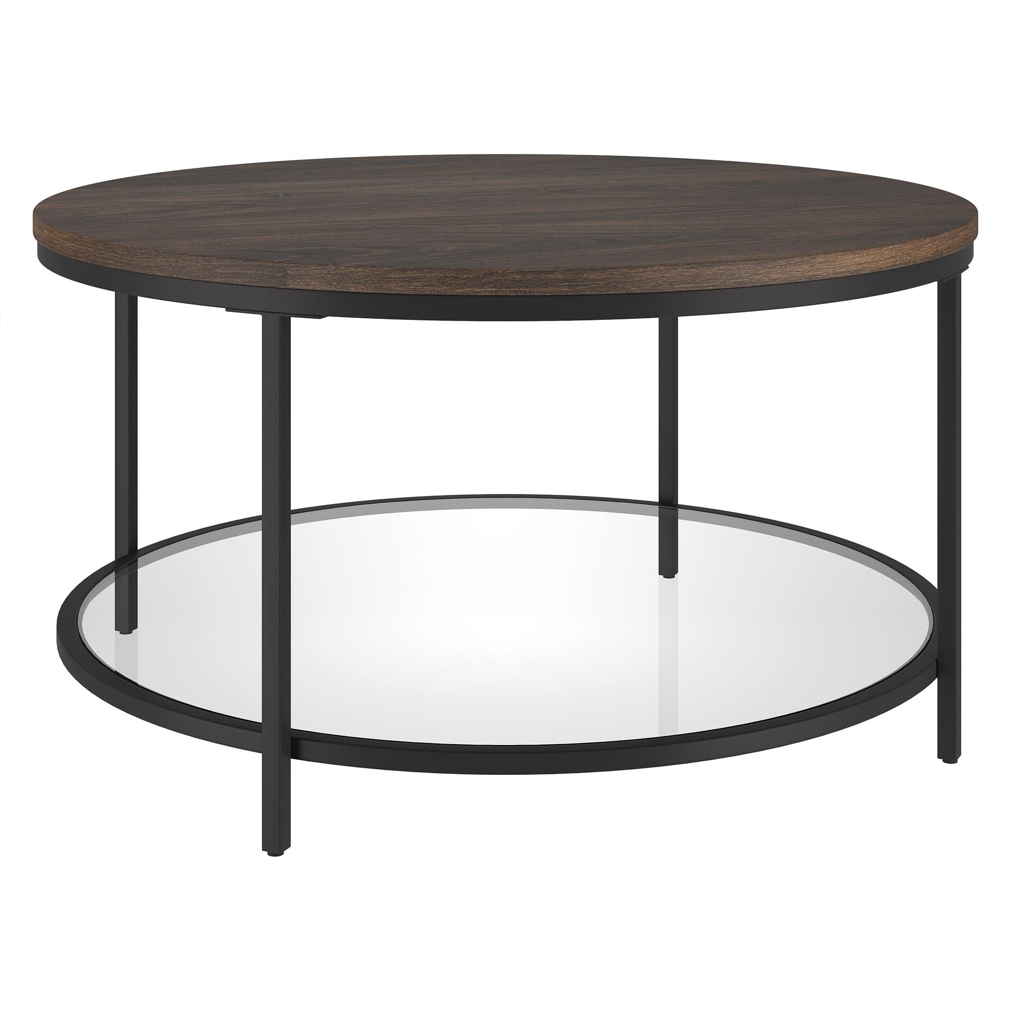 Alder Brown Round Wood and Metal Coffee Table with Glass Shelf