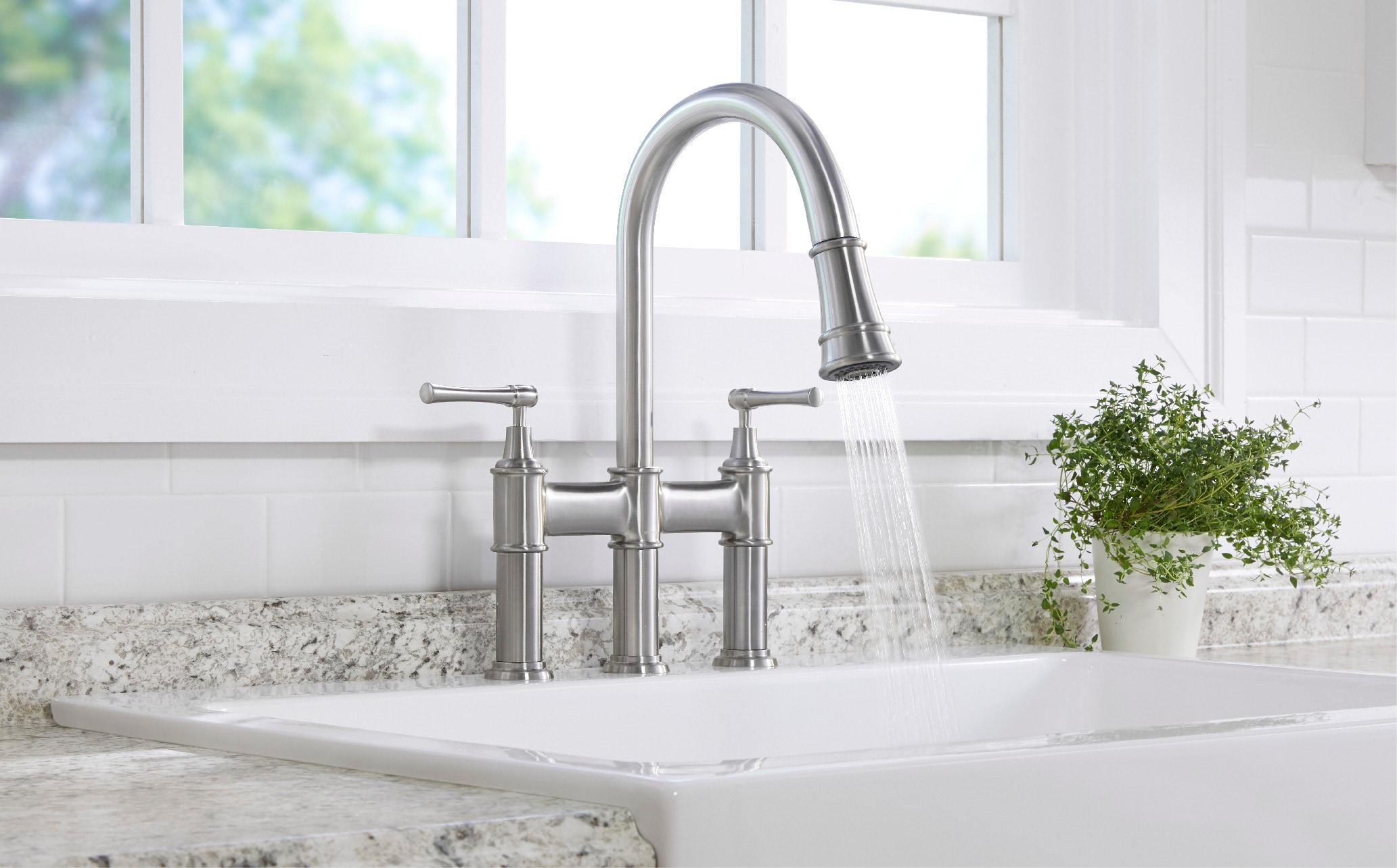 Lustrous Steel Bridge Kitchen Faucet with Pull-down Spray