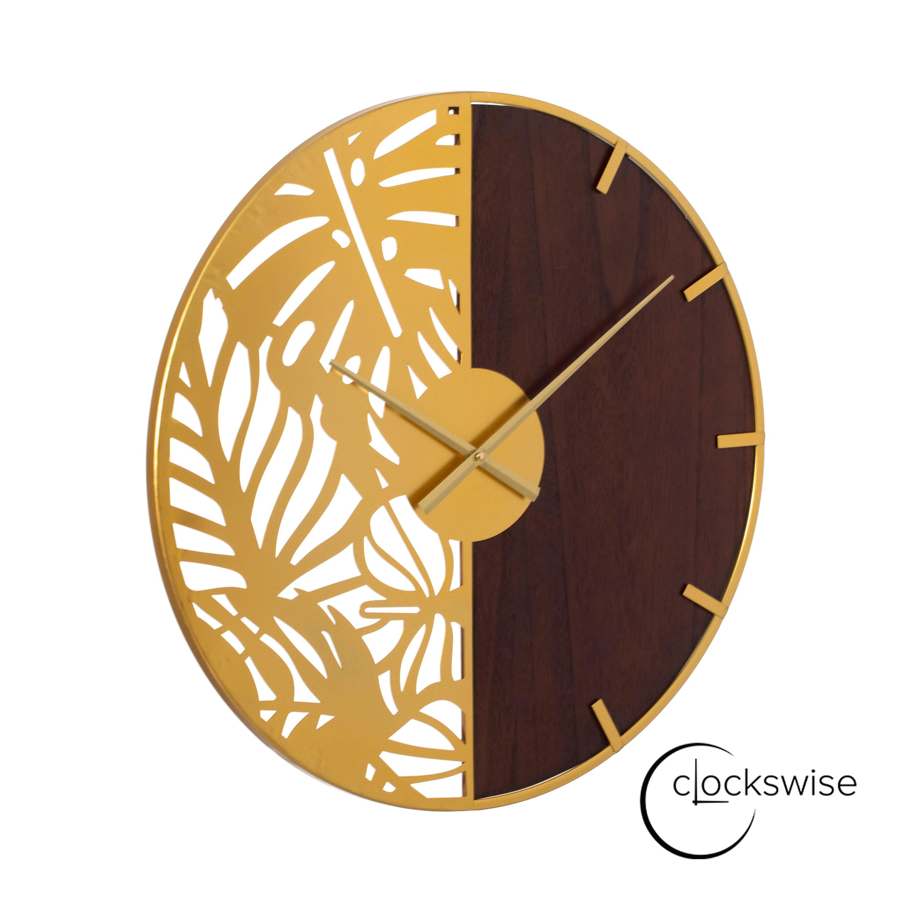 Clockswise 23.6” Round Big Wall Clock, brown wood and gold Metal with Leaf Cutout for Entryway Office Living Room or Kitchen, Hanging Supplies Include