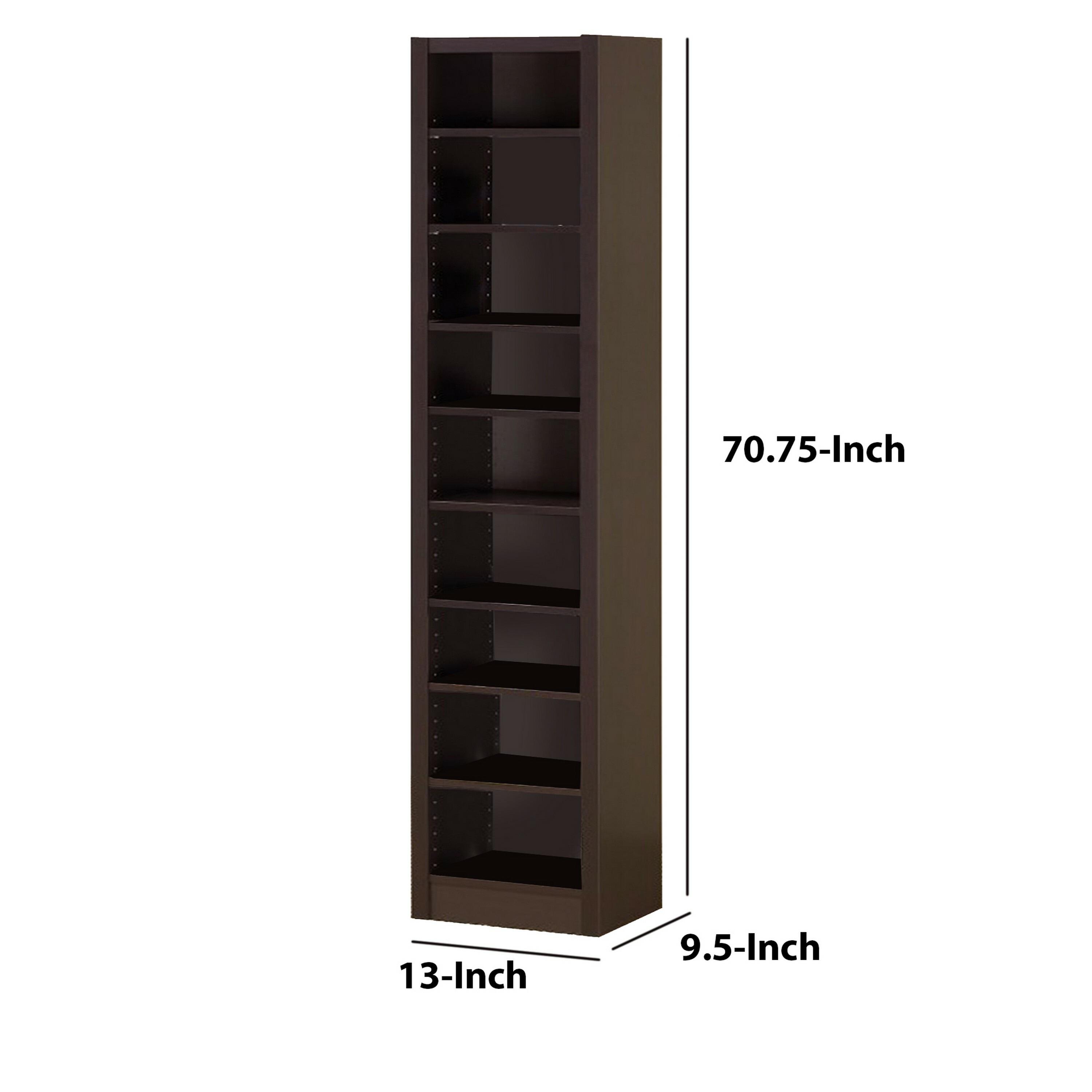 Benjara 13" Modern MDF and Wood Bookcase with 9 Shelves in Dark Brown
