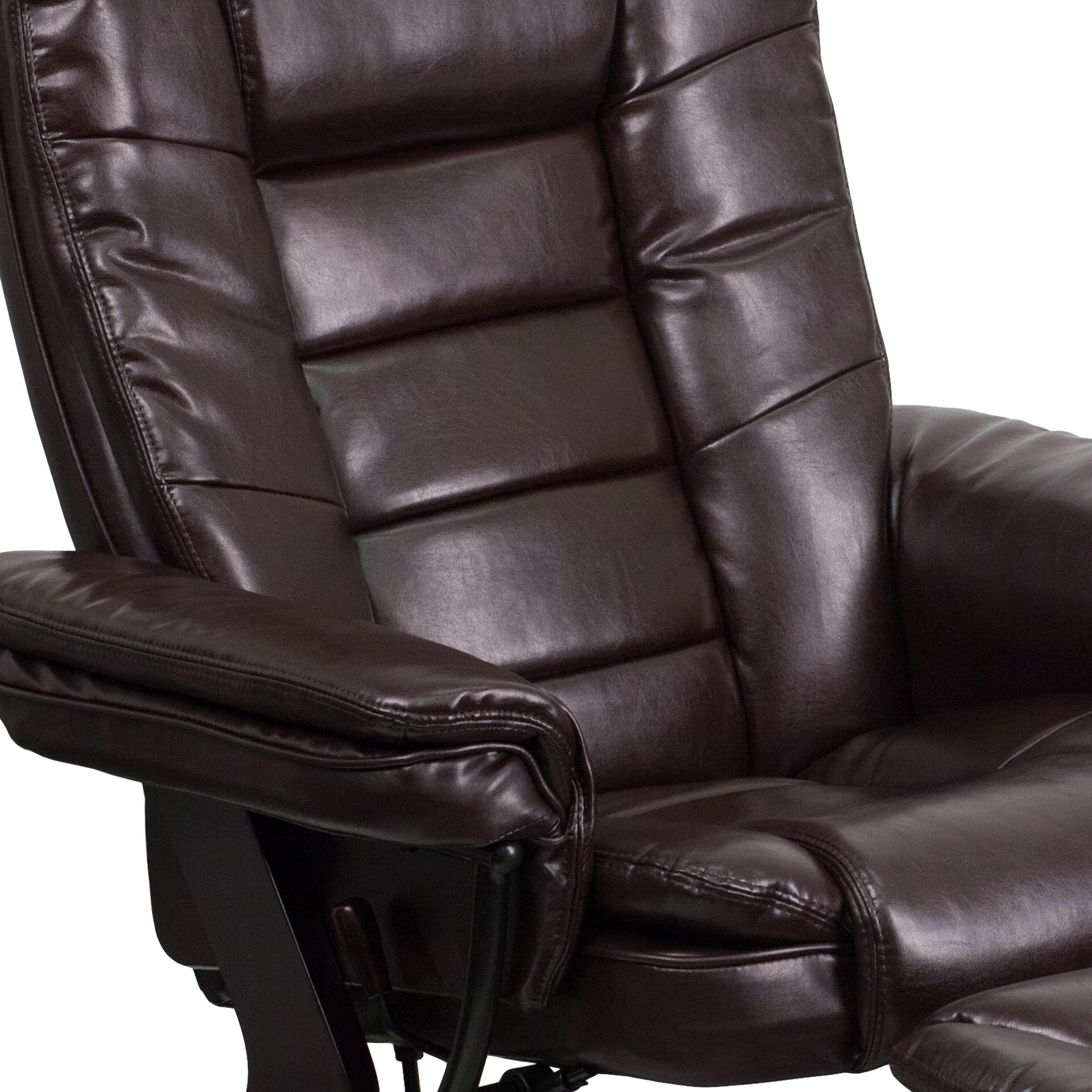 BizChair Contemporary Multi-Position Recliner with Horizontal Stitching and Ottoman with Swivel Mahogany Wood Base in Brown LeatherSoft