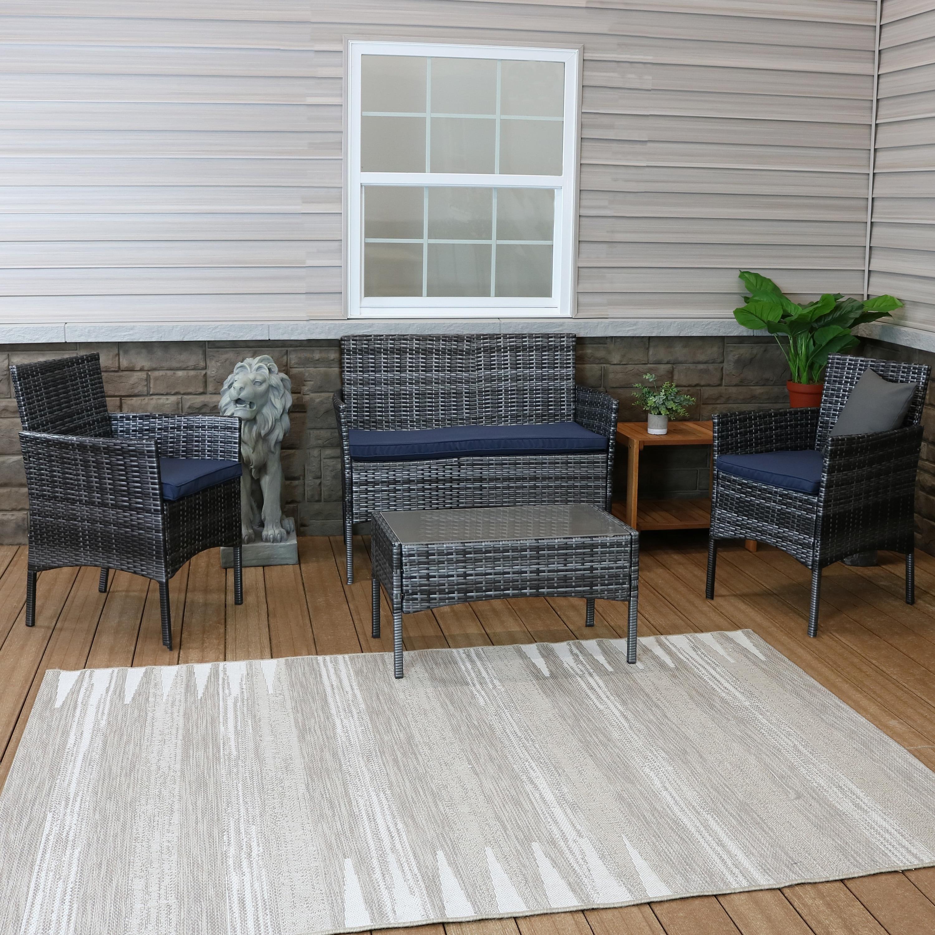 Sunnydaze Outdoor Dunmore Patio Conversation Furniture Set with Loveseat, Chairs, and Table - Gray and Navy - 4pc