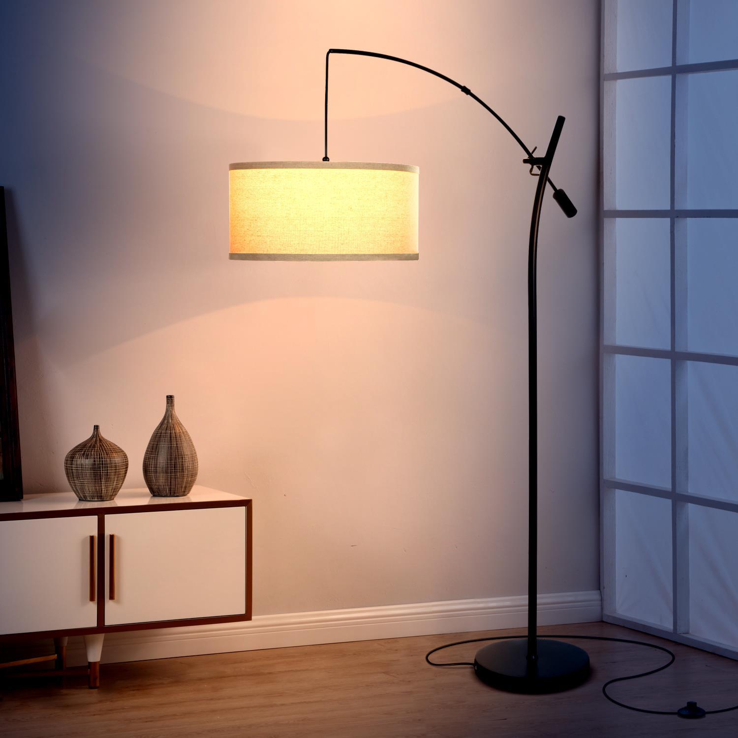 Brightech Grayson 84 in. Mid-Century Modern Height-Adjustable LED Arched Floor Lamp with Beige Fabric Drum Shade