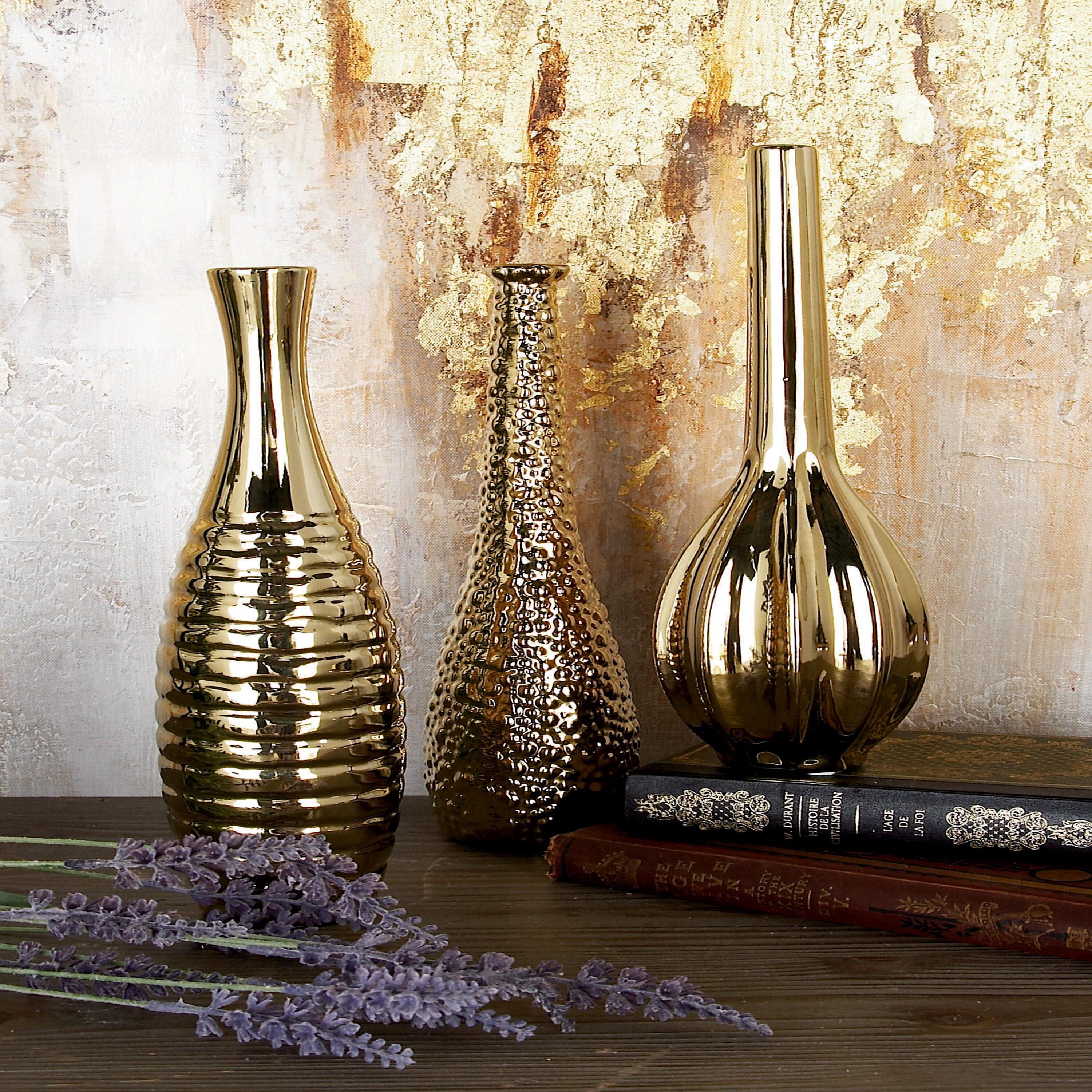 Olivia & May Decorative Ceramic Vases Gold 12" 3pk: Stoneware Novelty Containers, Spot Clean, Set of Three