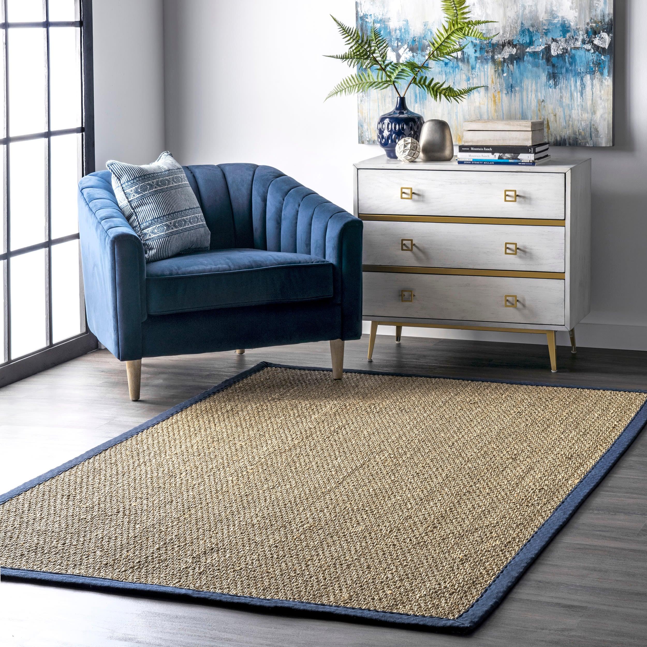 nuLOOM 3x5 Elijah Seagrass Area Rug, Navy, Solid Farmhouse Style, Cotton Bordered, Basketweave, Natural Fiber, For Bedroom, Dining Room, Living Room, Hallway, Office, Kitchen, Entryway