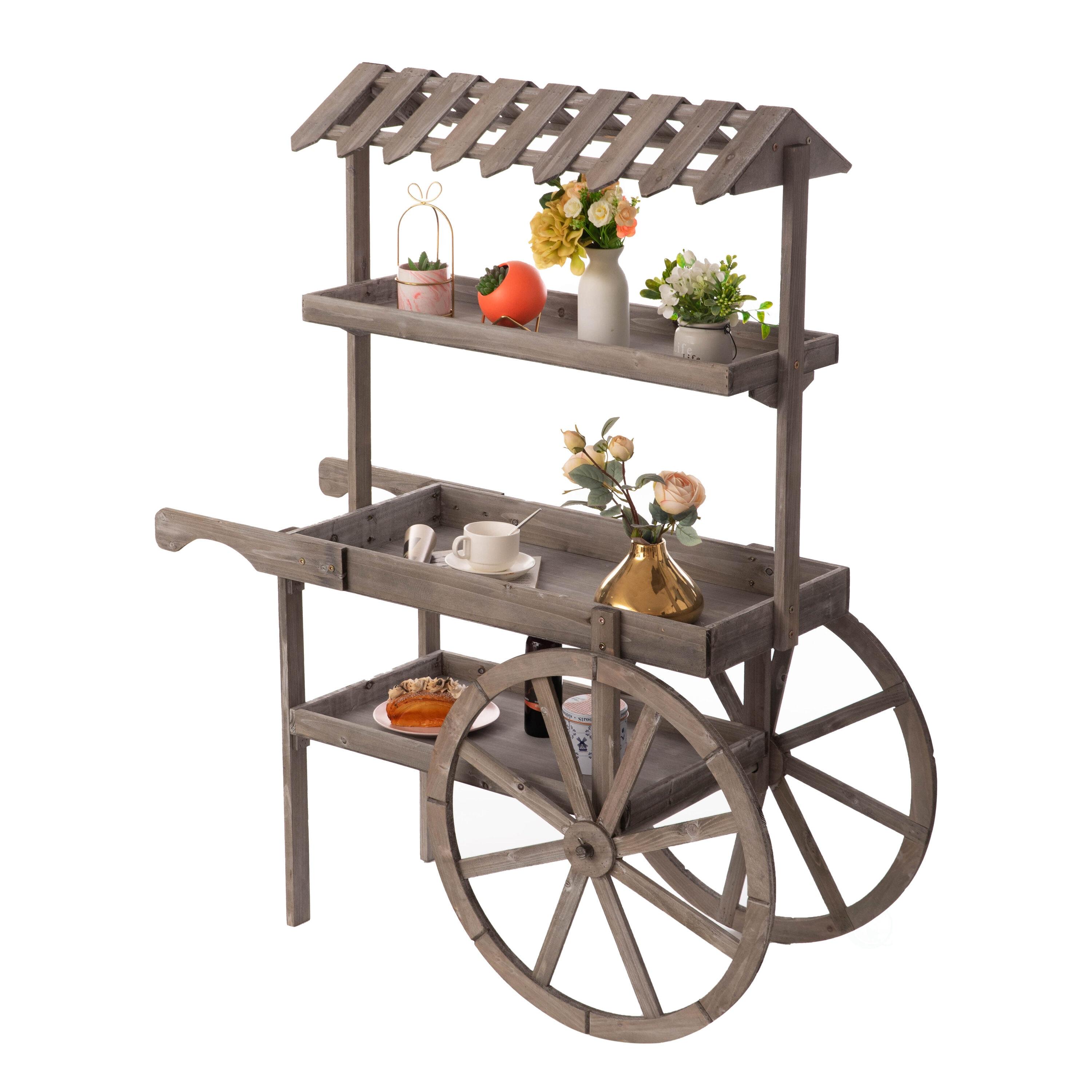 Antique Rustic Solid Wood decor Display Rack Cart Wood Plant Stand 3 Tier with Wheels for Display, Wood Wagon with Shelves for Plants and More