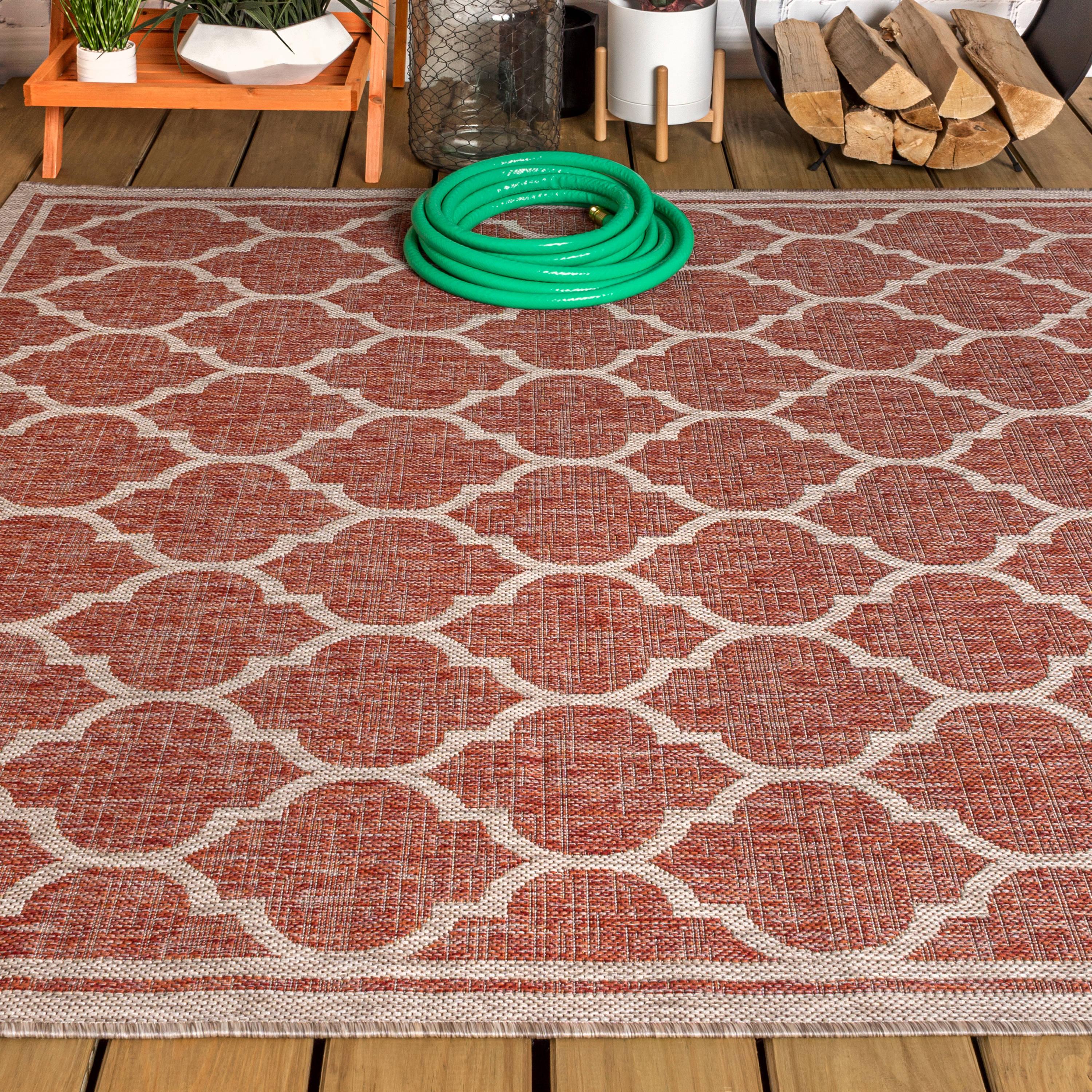 4'x6' Trebol Moroccan Trellis Textured Weave Indoor/Outdoor Area Rug, Red/Beige - JONATHAN Y