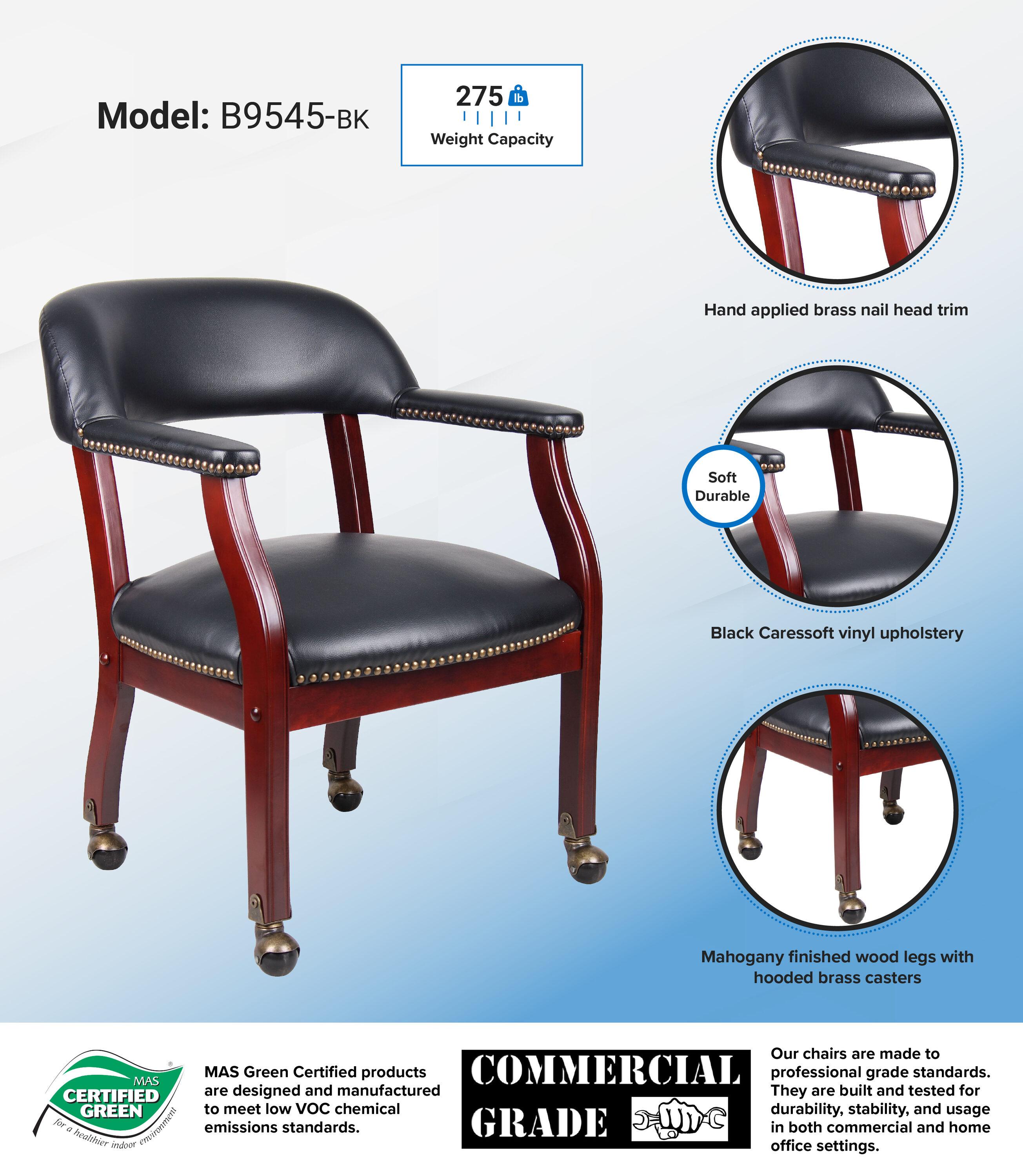 Captain's Chair with Casters Black - Boss Office Products: Mahogany Base, Vinyl Upholstery, Brass Castors