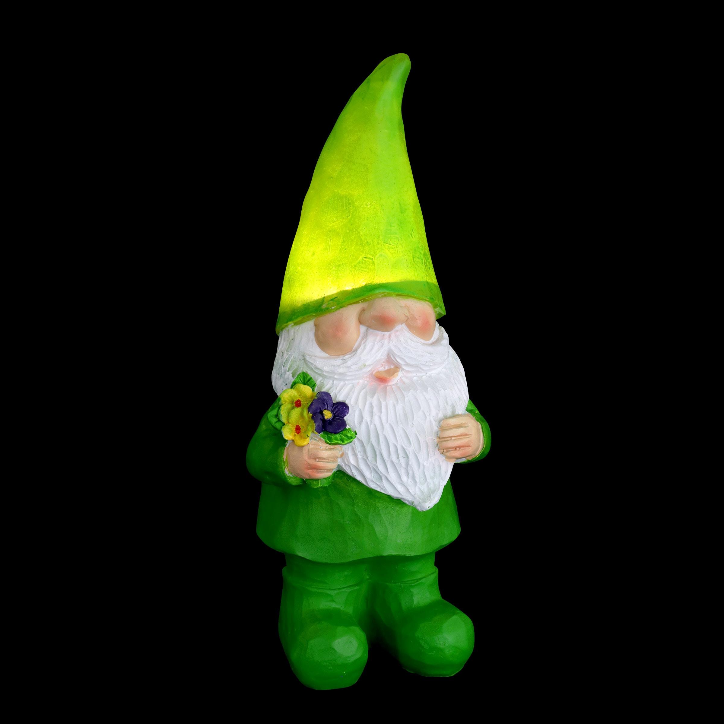 Green LED Solar-Powered Resin Garden Gnome with Flowers