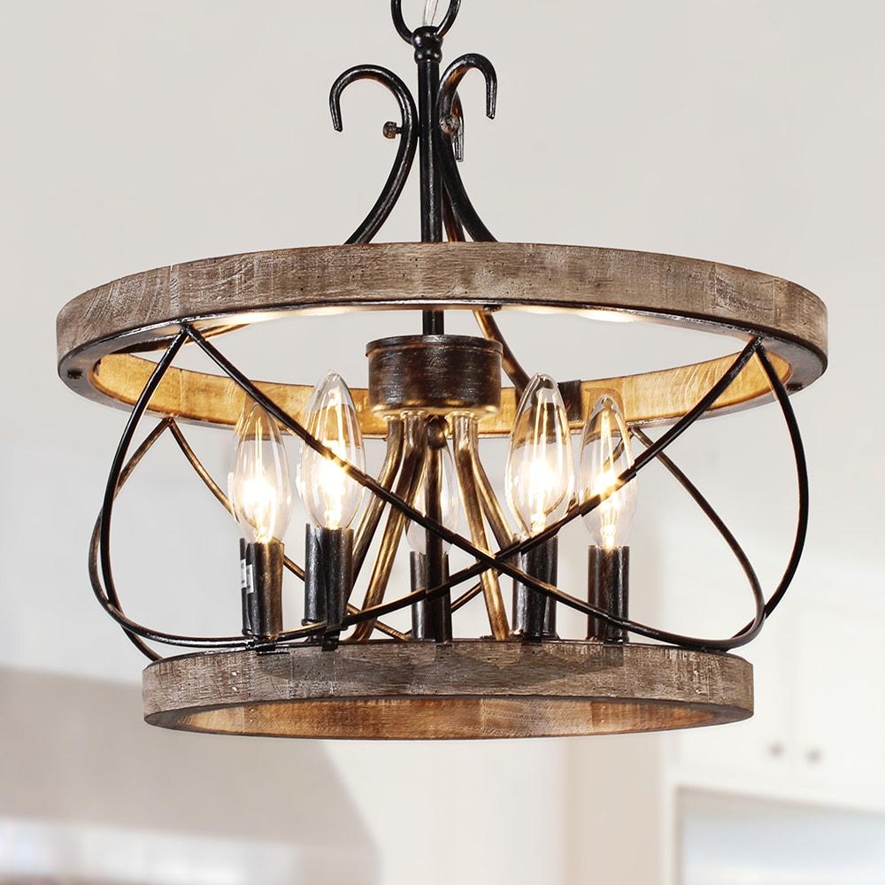 Cusp Barn  5-Light Farmhouse Wood Chandelier Adjustable Handmade Rustic Drum Ceiling Light Fixture Hanging Lamp for Foyer Kitchen 15.7-inch -