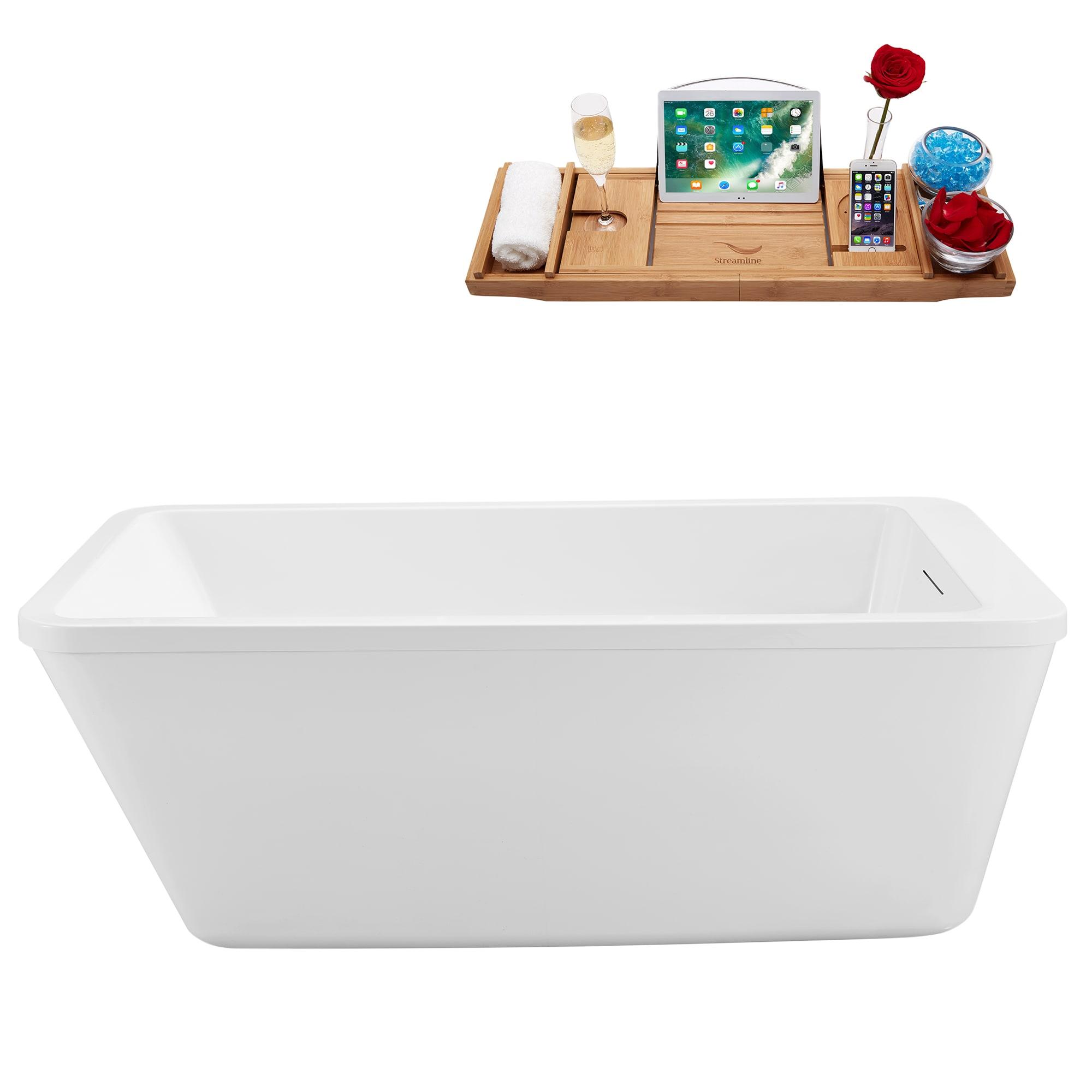 60'' Streamline Freestanding Soaking Acrylic Bathtub With Drain and Bamboo Tray