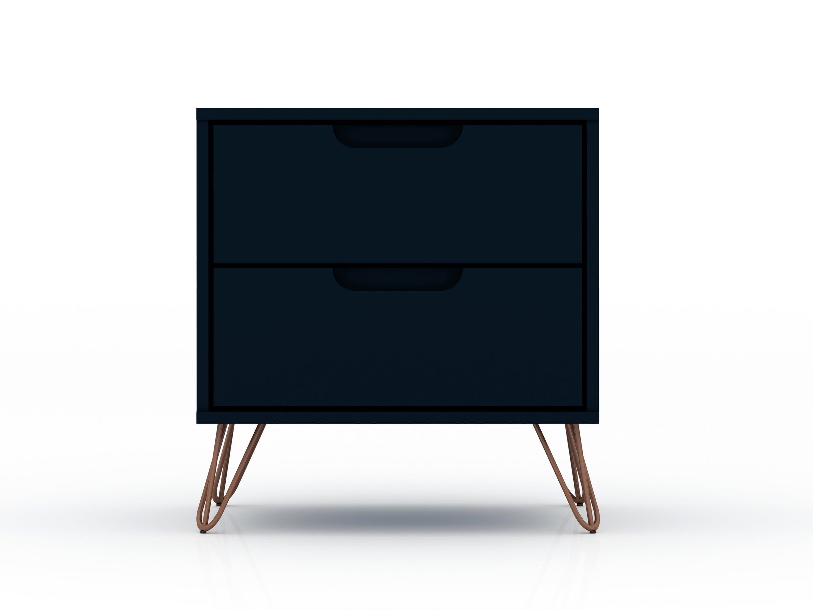 Set of 2 Rockefeller 2 Drawer Nightstands Tatiana Midnight Blue - Manhattan Comfort: Modern Splayed Metal Legs, MDF