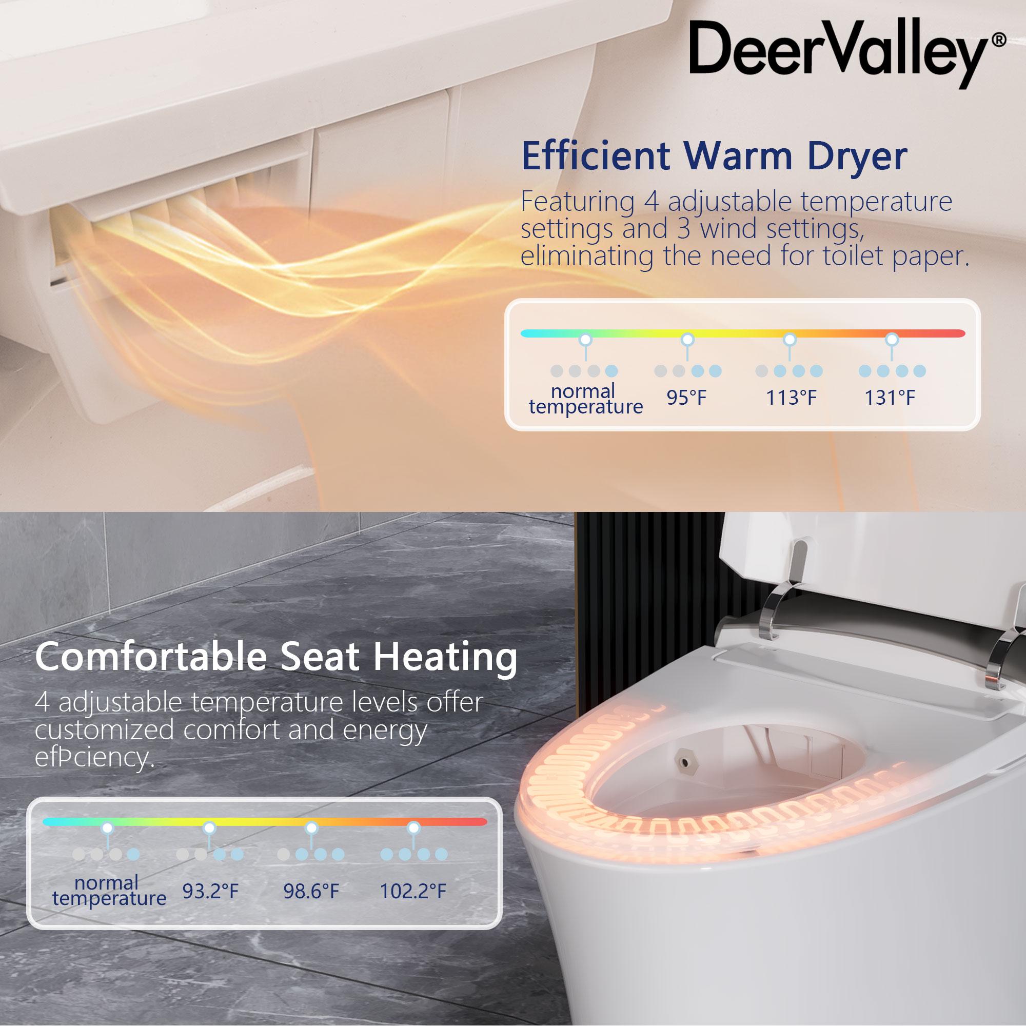 DeerValley DV-1S0150-V3 Smart Bidet Toilet Elongated, Auto Open/Close Lid, Seat Heat, Foot Kick & Blackout Flush, Premium