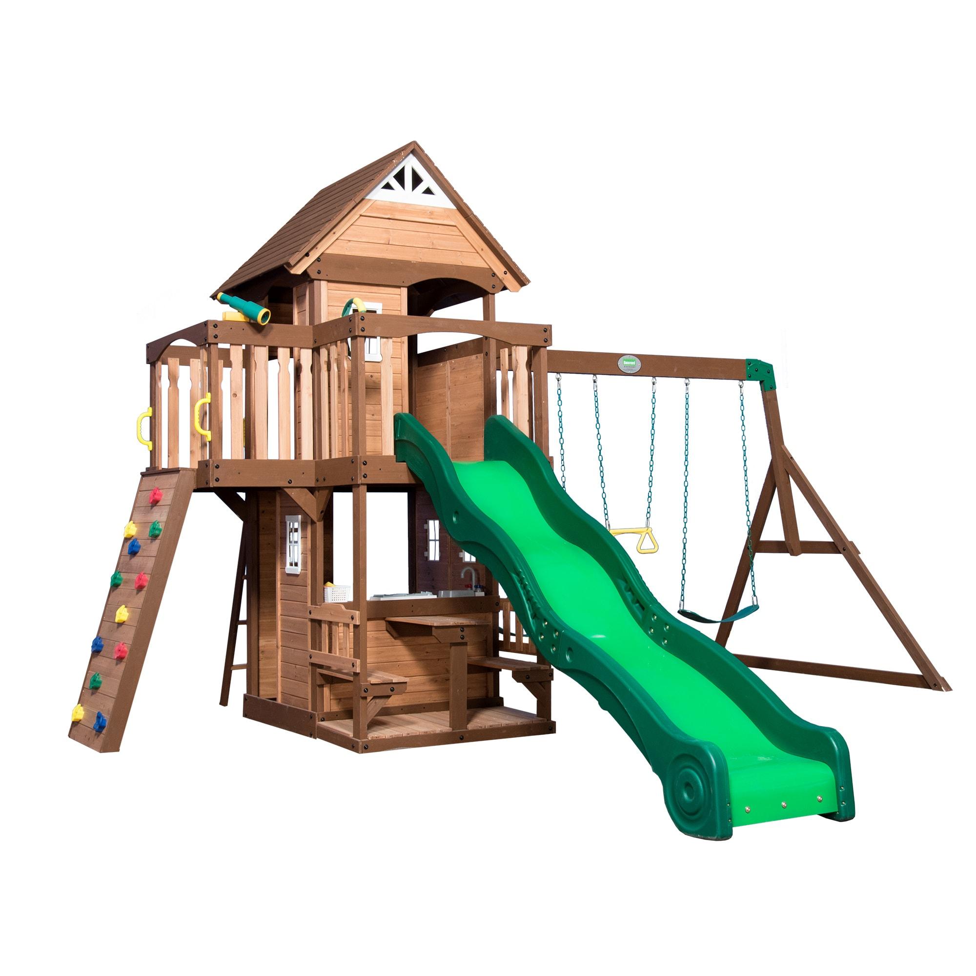 Mount Triumph Cedar Swing Set with Green Slide and Playhouse