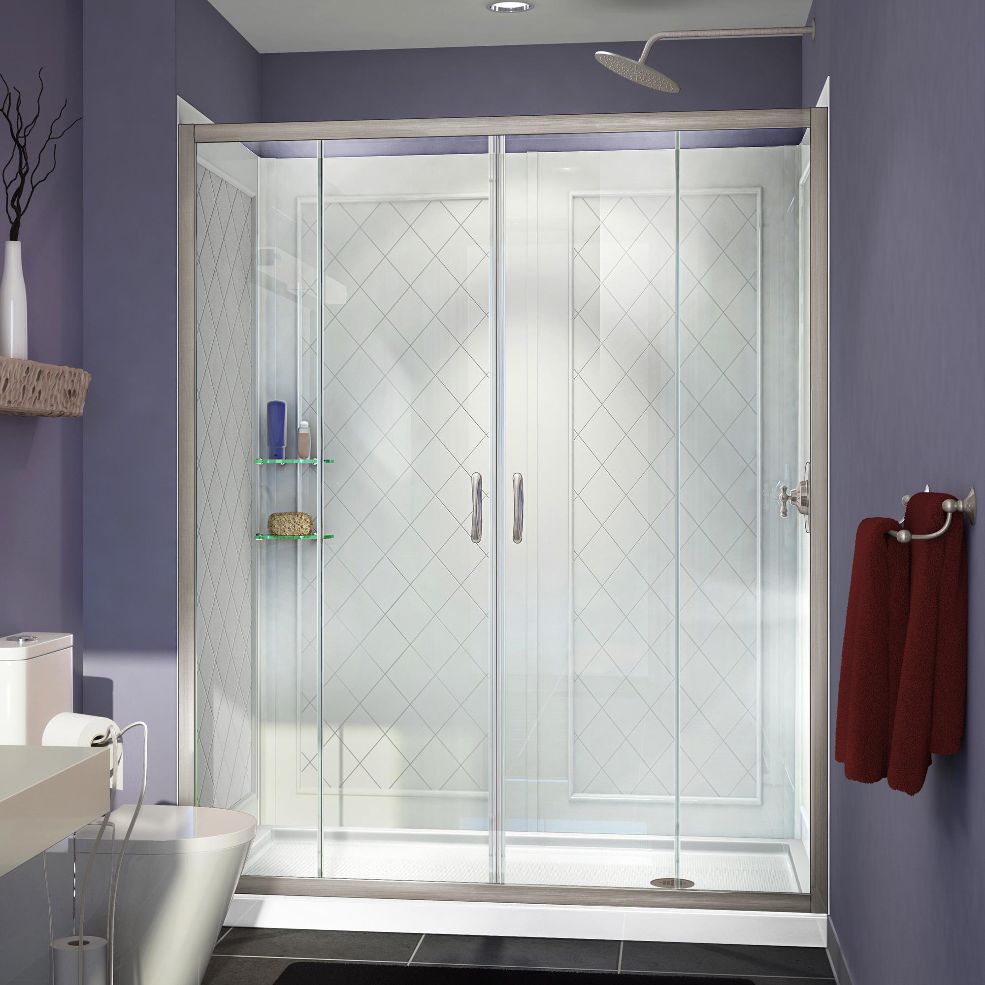 DreamLine Visions 3-Piece 36-in W x 60-in L x 77-in H Rectangular Alcove Shower Kit (Right Drain) with Base, Wall and Door Included Brushed Nickel